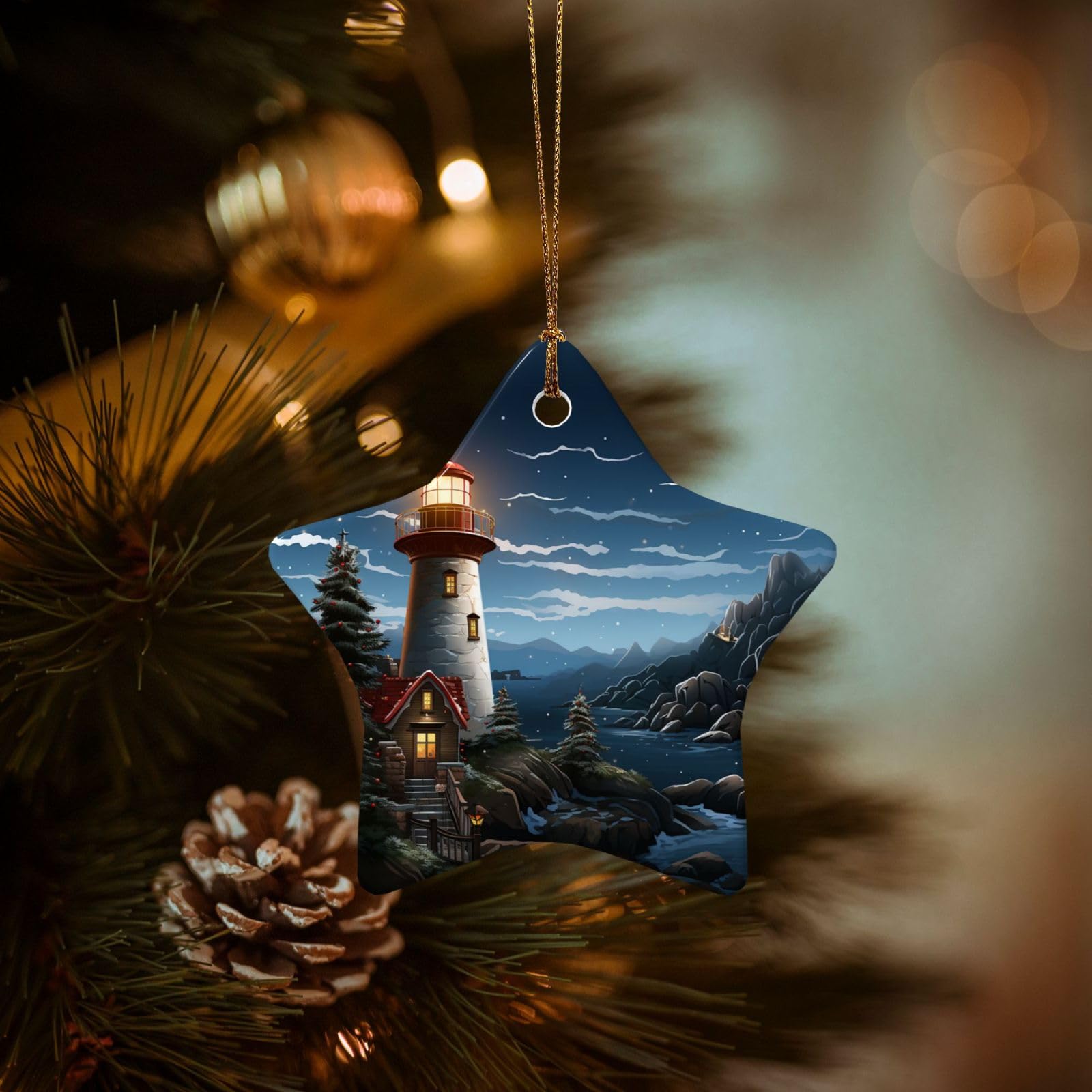 Christmas Ornaments for Christmas Tree Decoration Hanging Santa Claus Lighthouse Ornament with Gold Ribbon Crafts Star Shape Ceramic Pendant for Keepsake Gifts Xmas Decor Party Supplies