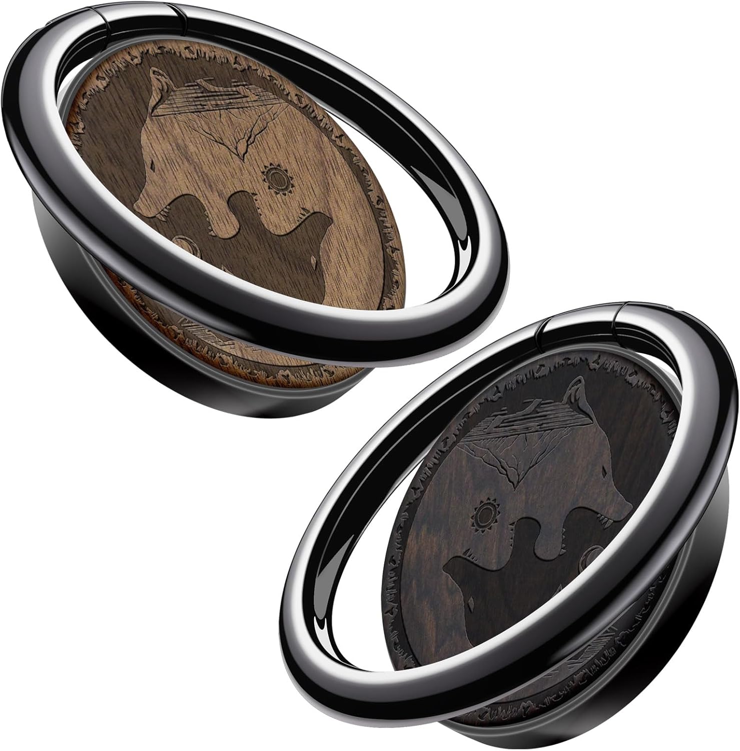 Carveit Wooden Phone Ring Holder Finger Stand Metal Grip Hook Phone Kickstand Compatible with S24 Ultra S23 iPhone 16 Pro Max 13 14 15 Pixel 9-Blackwood+Walnut/Black/Yin Yang-Wolf [2 Pack]