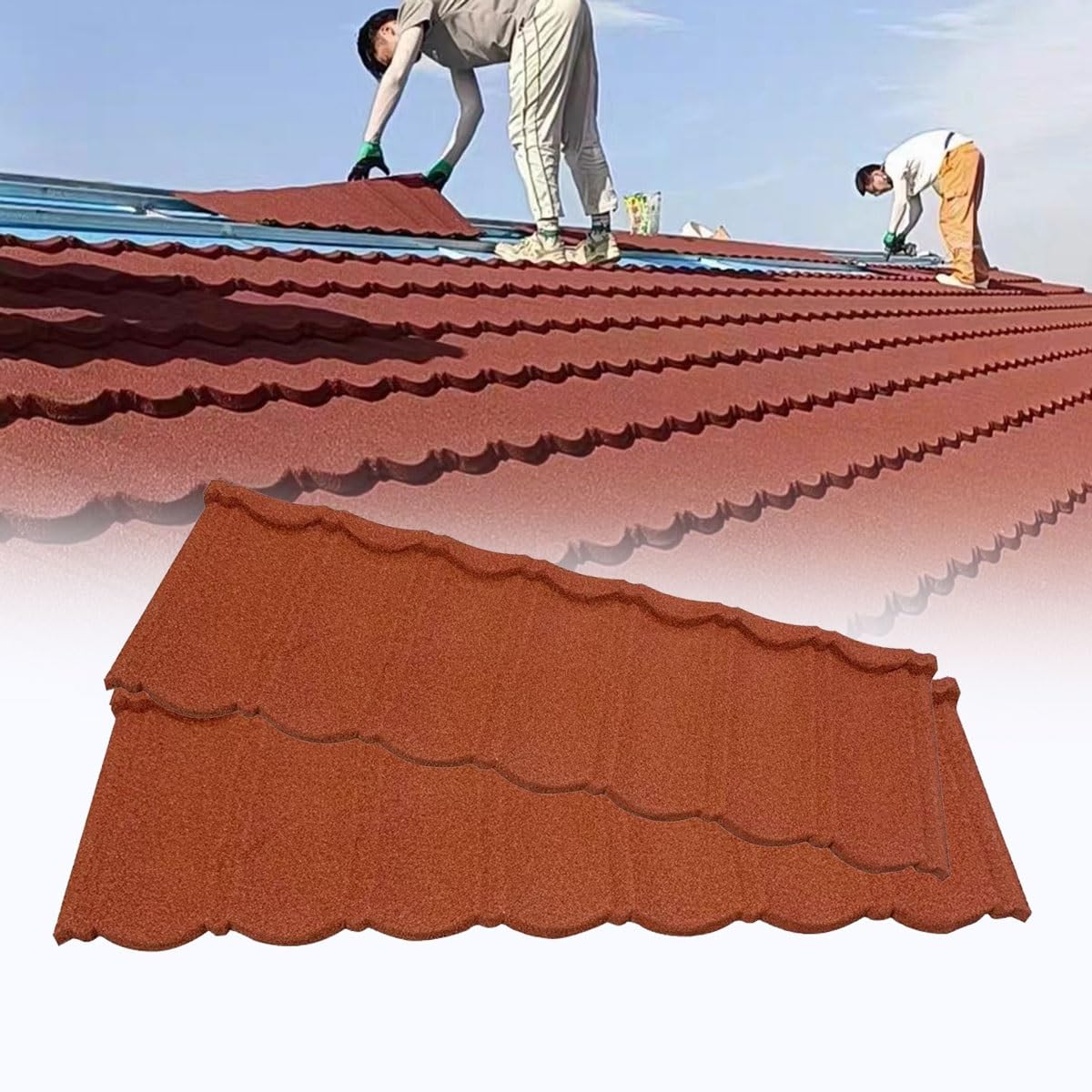 New Lightweight Stone-Coated Metal Tiles, Architectural Metal Roofing Shingles, Corrugated Steel Roof Panels for Storage Shed, Carport, Barn, Cabin and Garage(Red)
