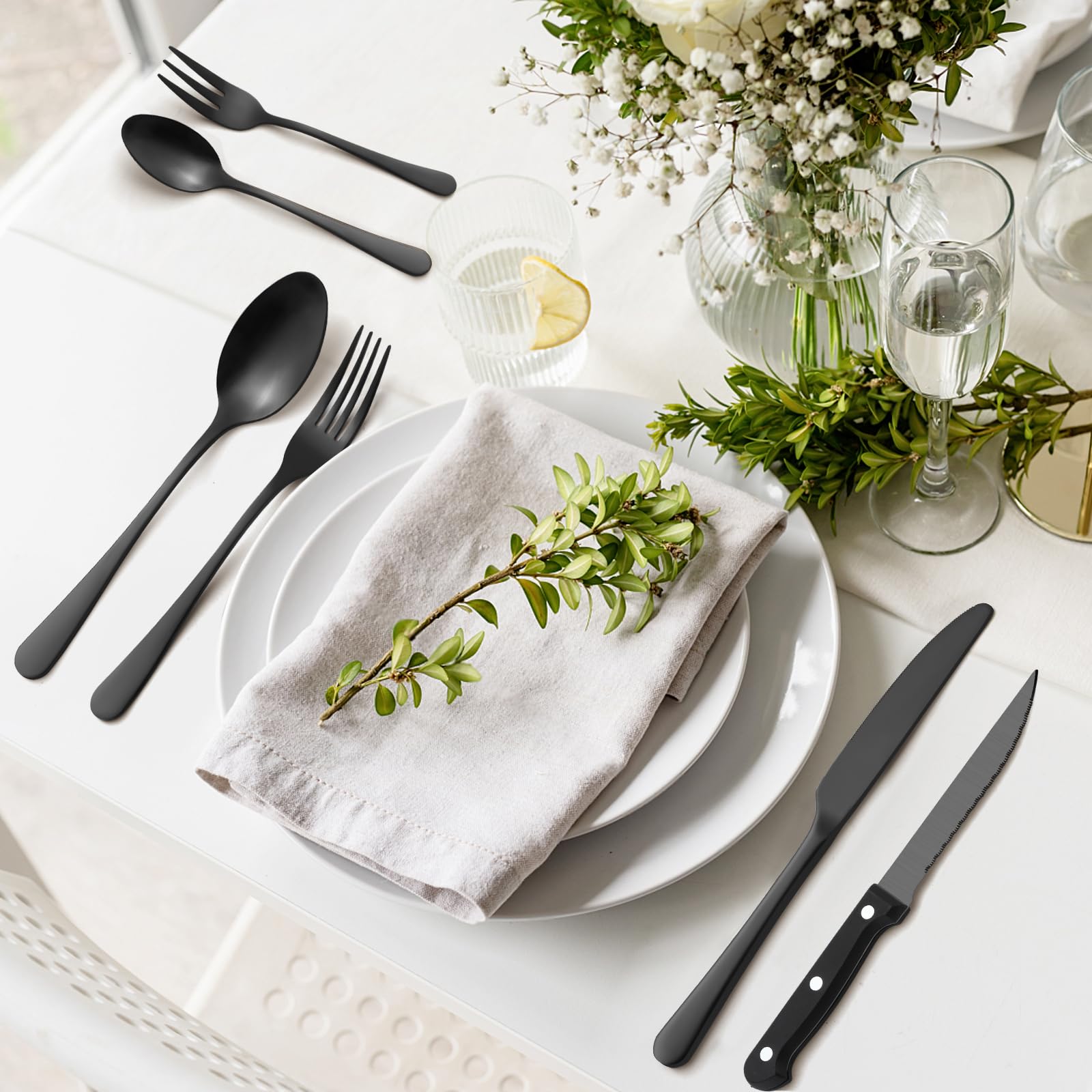 BEWOS 72-teiliges Schwarz Besteck set mit Steakmesser Service für 12, Premium-Edelstahl-Bestecksets für Haus & Küche, Hochwertiges Messer-Löffel-Gabel-Besteck-Set Hochglanzpoliert, Spülmaschinenfest