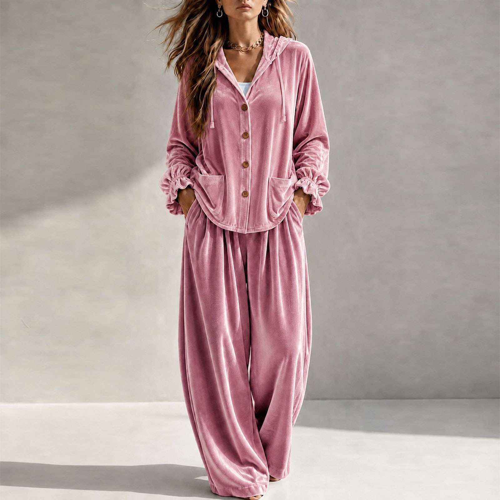 Hausanzug Damen Samt Zweiteiler Freizeitanzug Weites Bein Loungewear Trend