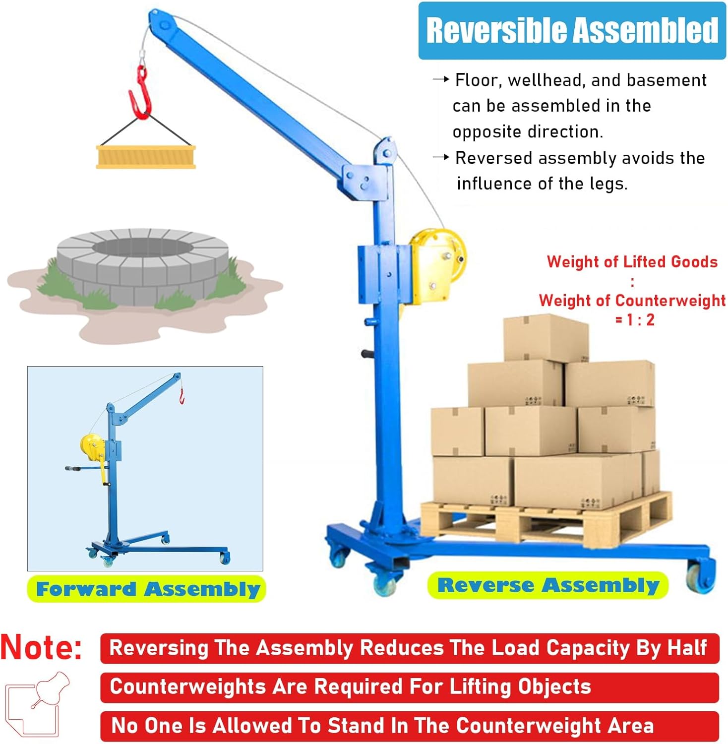 LXLZYXSF Heavy Duty Hand Lifting Crane Portable Hoist Stand, Foldable Detachable Mobile Hand Lift with 2-Way Self-Locking Winch, Outdoor Workshops Sewerage Manholes(Load 500kg/1102lbs)
