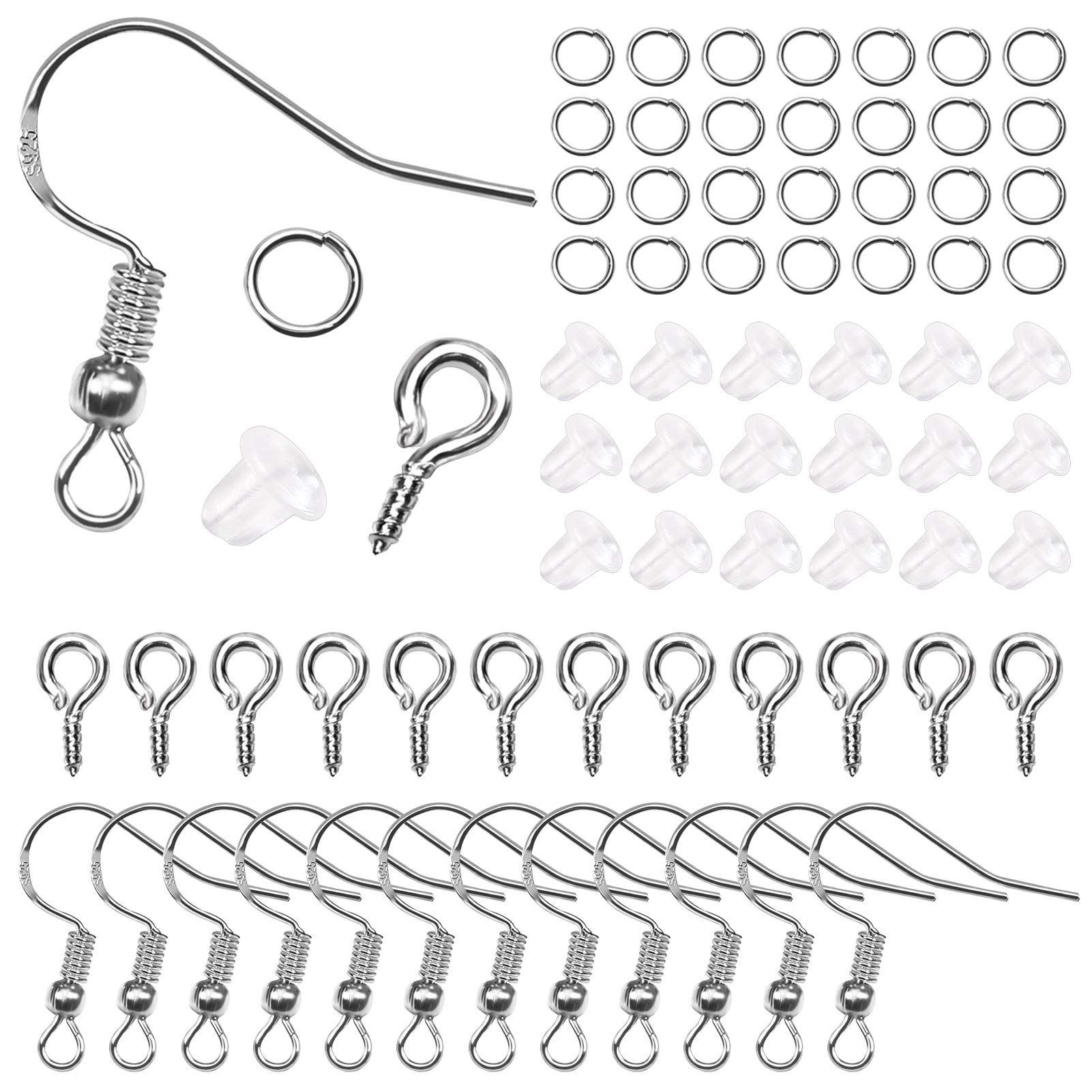 TOAOB THE ONE AND ONLY BABYTOAOB 450pcs Silver Plated Earring Hooks Kit Including 18mm Ear Wire Hooks and Jump Rings and Screw Eye Pins with Clear Earring Backs for Jewelry Making Supplies DIY Earrings