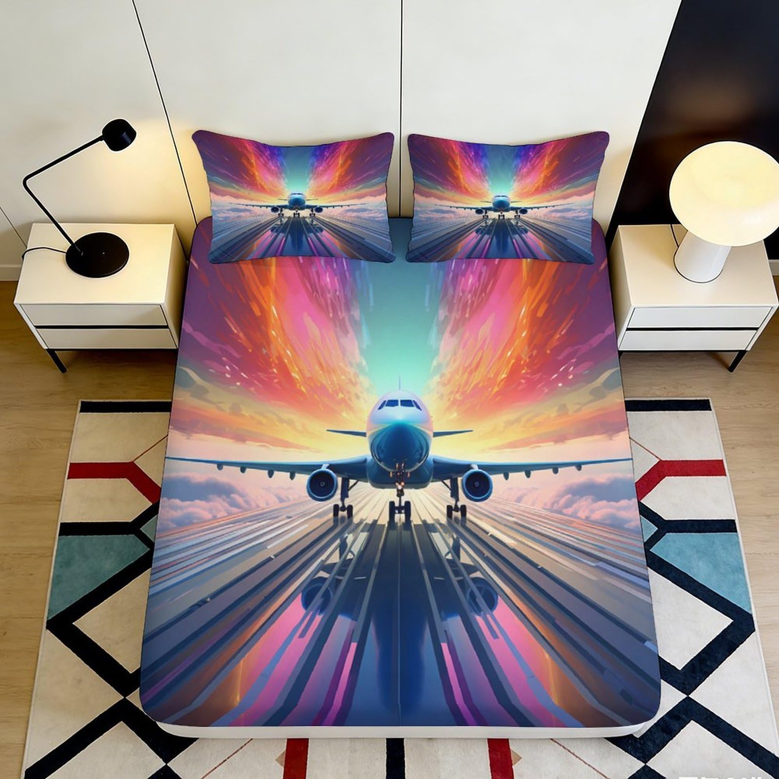 3D Printed Airplane Runway Fitted Sheet Microfiber Colorful Sunset Bed Cover for Bedroom Guest Room Decor 90x200x25cm