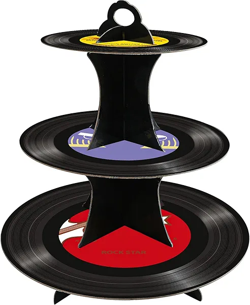 1950's Rock and Roll MusicTheme, 3-Tier Paper Record Cake Stand Cupcake Tower for 8-12 Cupcakes Perfect for 50's Theme Party Supplies, Gift for Music Lover