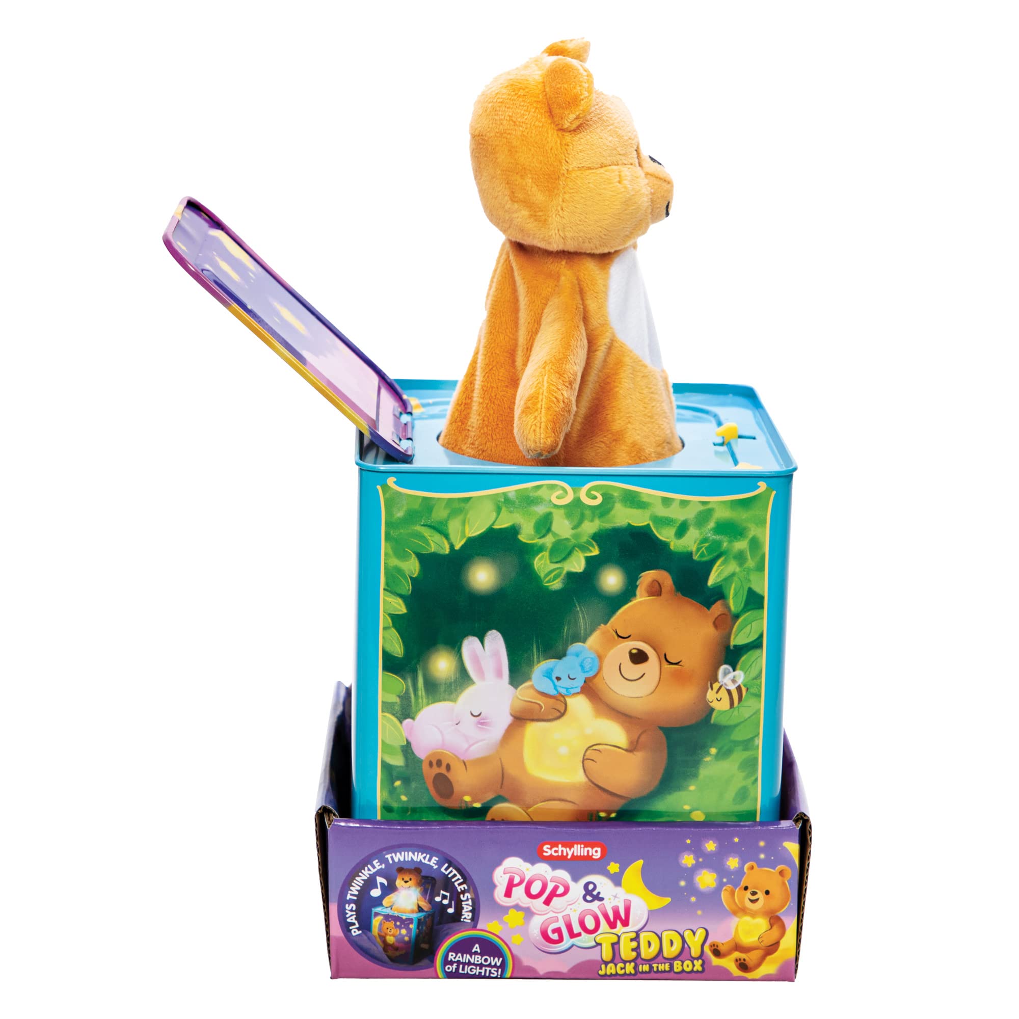 Schylling - Teddybär Pop N Glow Jack in The Box, Größe S, 18+mo, TPGJB, mit Blechdose, 15,2 x 15,2 x 16,5 cm, für Kinder ab 18 Monaten