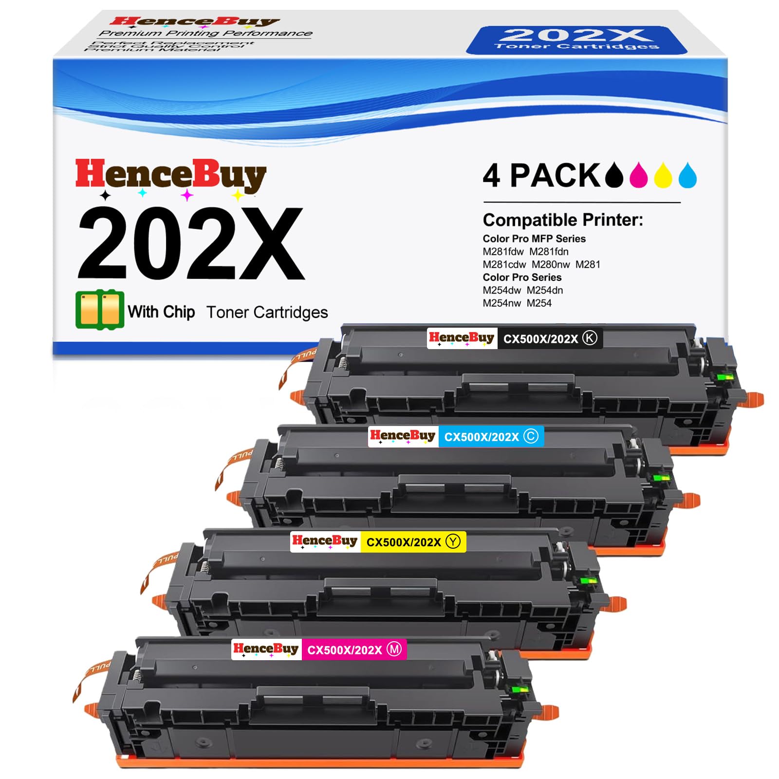 Photo 1 of HenceBuy 4-Pack 202X Toner Cartridges Compatible Toner Cartridge Replacement for HP 202X CF500X CF500A 202A Color LaserJet Pro MFP M281fdw M281cdw M254dw M281fdn 281fdw M254 M281 Printer (with Chip)