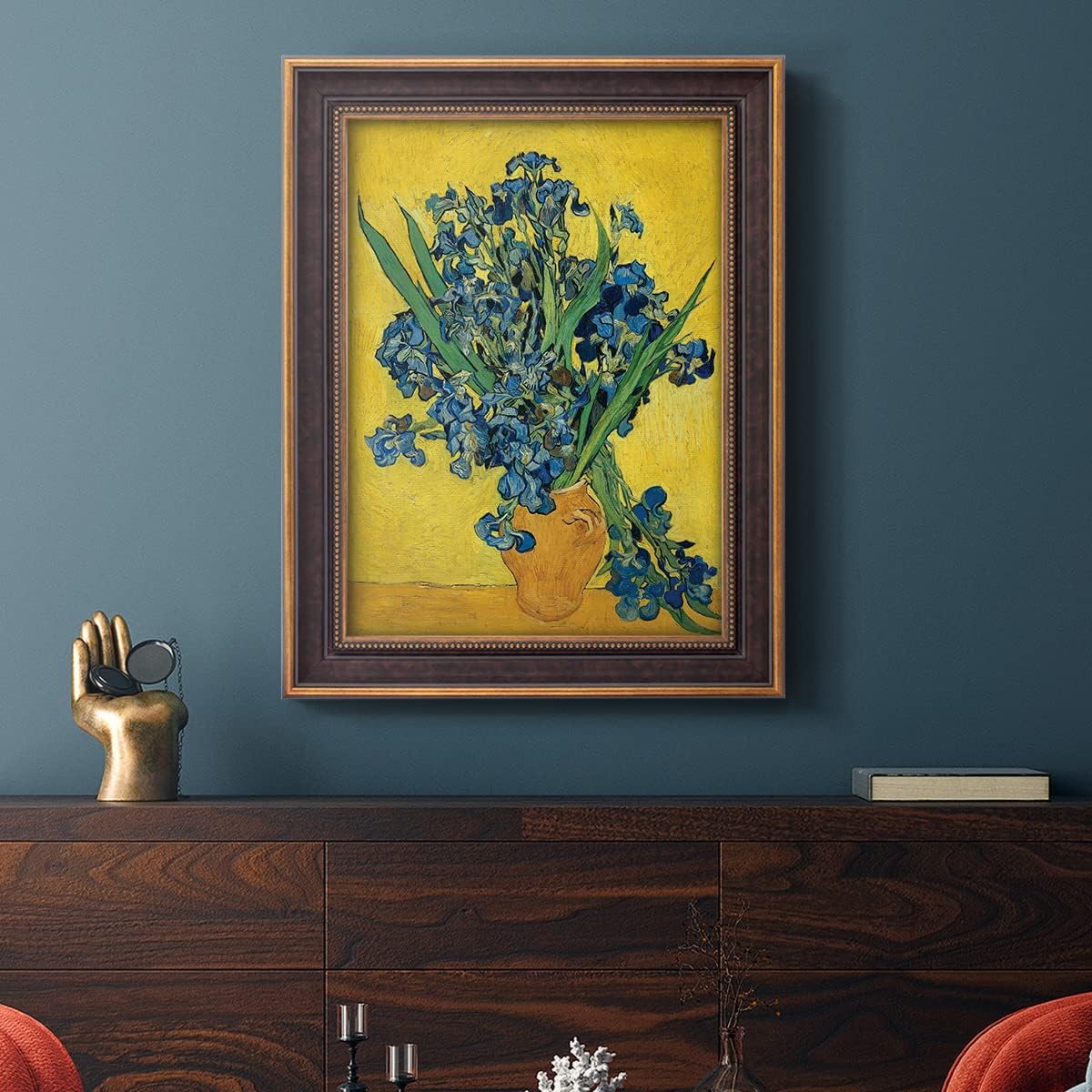 Renditions Gallery Canvas Wall Art Bronze Gold Frame Home Paintings Blue Floral Vase Abstract Modern Decorations Art for Bedroom Dining Living Room Office Home Kitchen Wall Hanging - 21"x25"