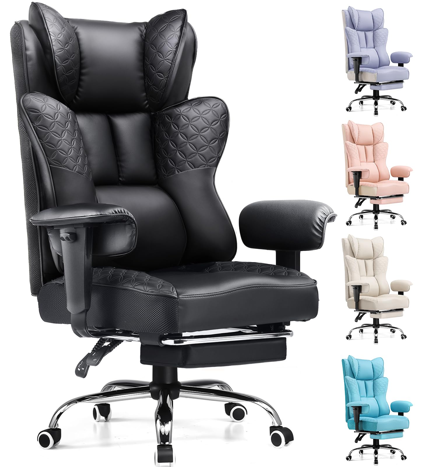 GTPLAYER Big and Tall Office Chair 400LBS Wide Ergonomic Gaming Chair with Deluxe Embossing Designed Leather with Foot Rest,150°Reclining Adjustable Soft Armrests Pocket Spring Back Support and Pillow