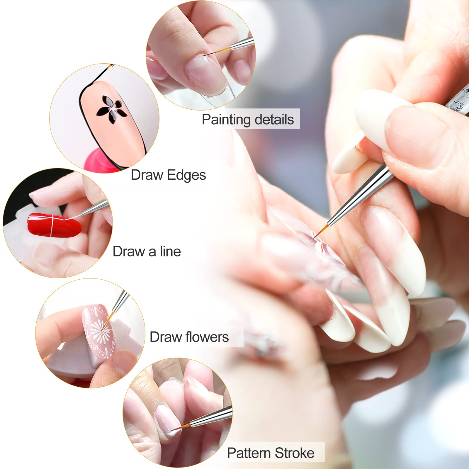 Sularpek Pincel Fino para Uñas, 5 Piezas Pinceles Uñas Gel Profesionales, Pinceles de Uñas de Detalle, Pinceles Nail Art para Casa Bricolaje de Uñas, Pintar y Decoración de Uñas (Blanco)
