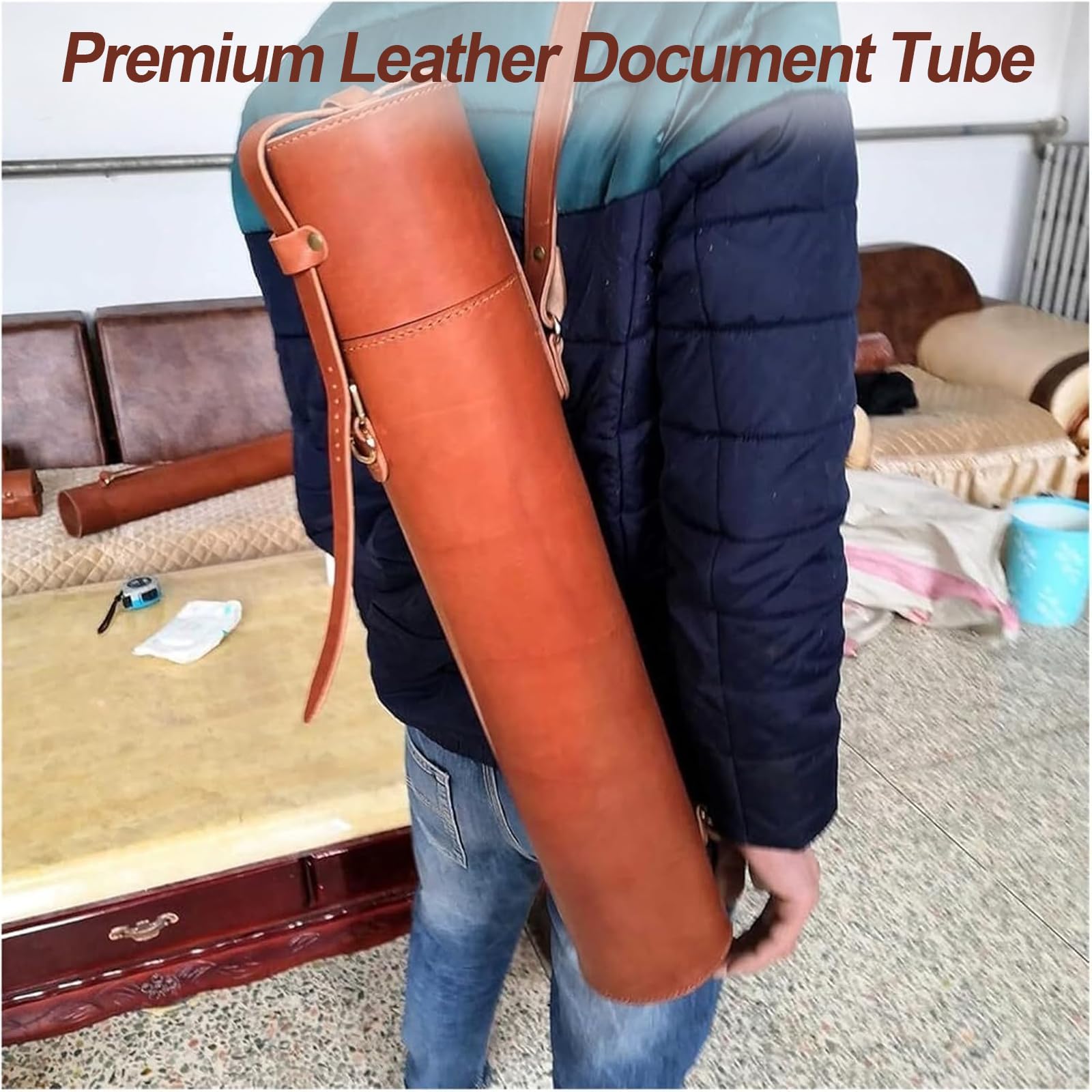 Tube en cuir de qualité supérieure, 70 cm, rouleau d'art et de rangement de plans avec sac de transport et boîte de transport, portefeuille durable pour les professionnels et les artistes
