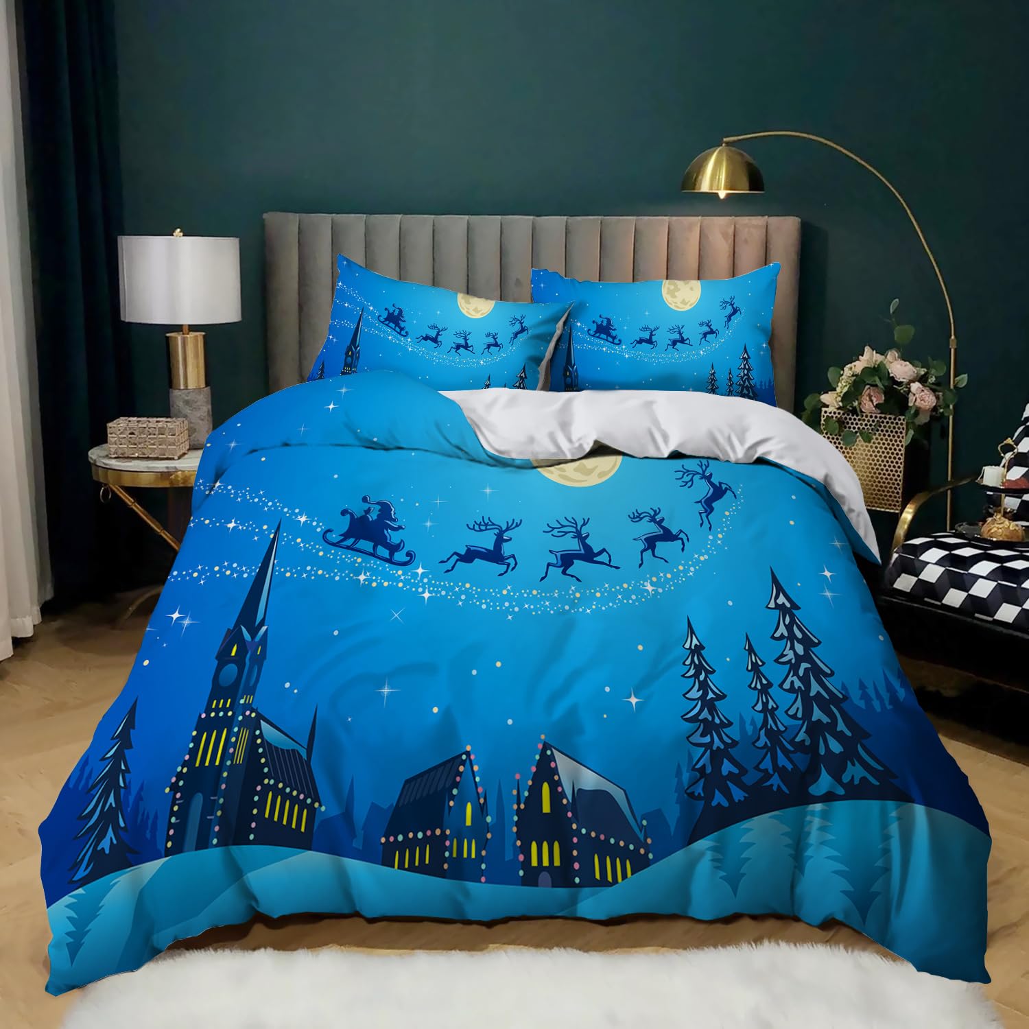 Poszewka na Kołdrę Boże narodzenie 240 x 220 cm Zestaw Pościeli Z nadrukiem Choinki Świętego Mikołaja Białe Płatki Śniegu Poszewka na Kołdrę dla Chłopców I Dziewcząt Świąteczne narzu