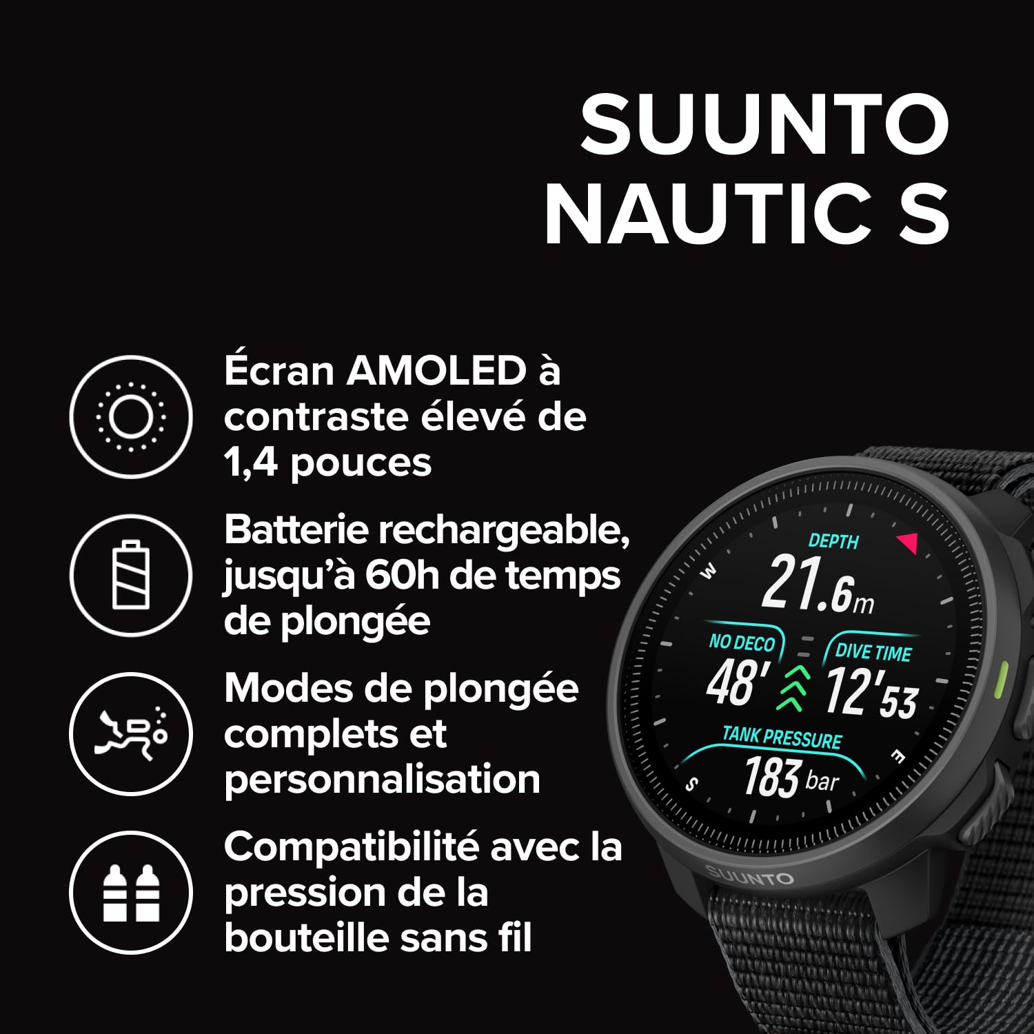 SUUNTO Nautic S Ordinateur de Plongée Montre GPS Écran AMOLED Analyse Gaz Sans Fil Autonomie 60h Plongée Étanche 80m Cartes Hors Ligne