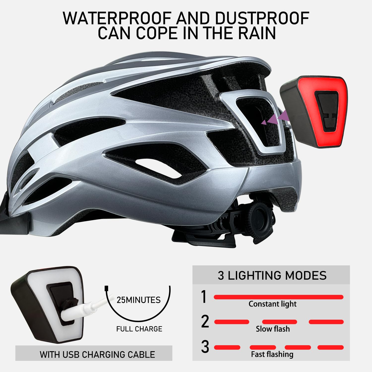 AISSTXOER Adult Bike Helmet for Men & Women, Fits Head 56-62cm - USB Rechargeable Rear LED Light, Adjustable Fit System, Removable & Washable Padding - Men's, Women's Bike Helmets