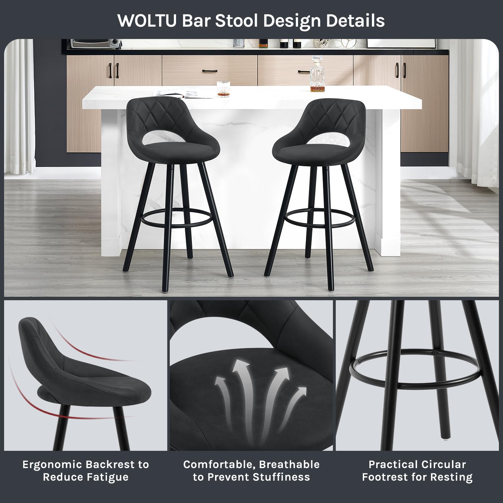 WOLTU Barkrukken set van 2, moderne ontbijtbarstoelen Barkrukken Eetkamerstoelen, gevoerde keukenkrukken met rugleuning, metalen poten, voetsteun, fluwelen barkrukken, donkergrijs, BH394dgr-2
