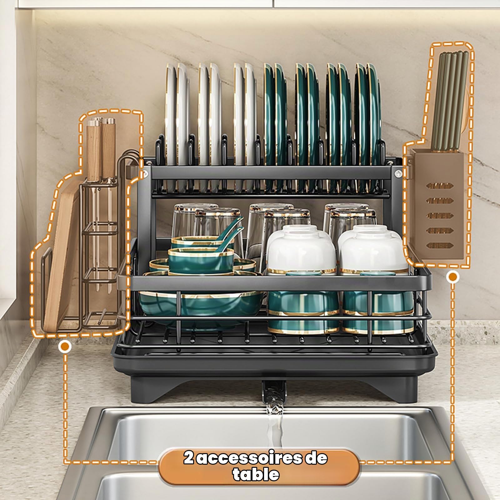 Égouttoir à Vaisselle avec Tasse de Rangement et Sortie d'évacuation, Peu encombrant et idéal pour Une Utilisation dans la Cuisine. (Noir, 2 Niveaux)