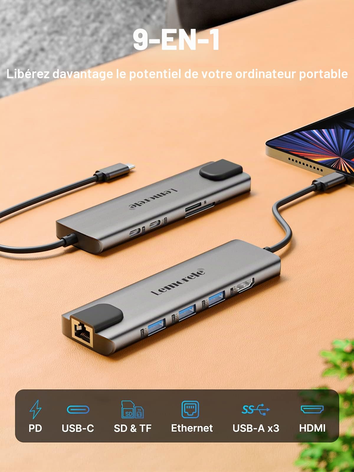 Lemorele Aluminium USB C Hub Docking Station 9 in 1 mit Gigabit Ethernet, 4K HDMI,100W PD,3 USB-A, USB-C-Daten, SD/TF, Docking Station für MacBook Air/Pro,iPad,Windows,Switch,Chromecast