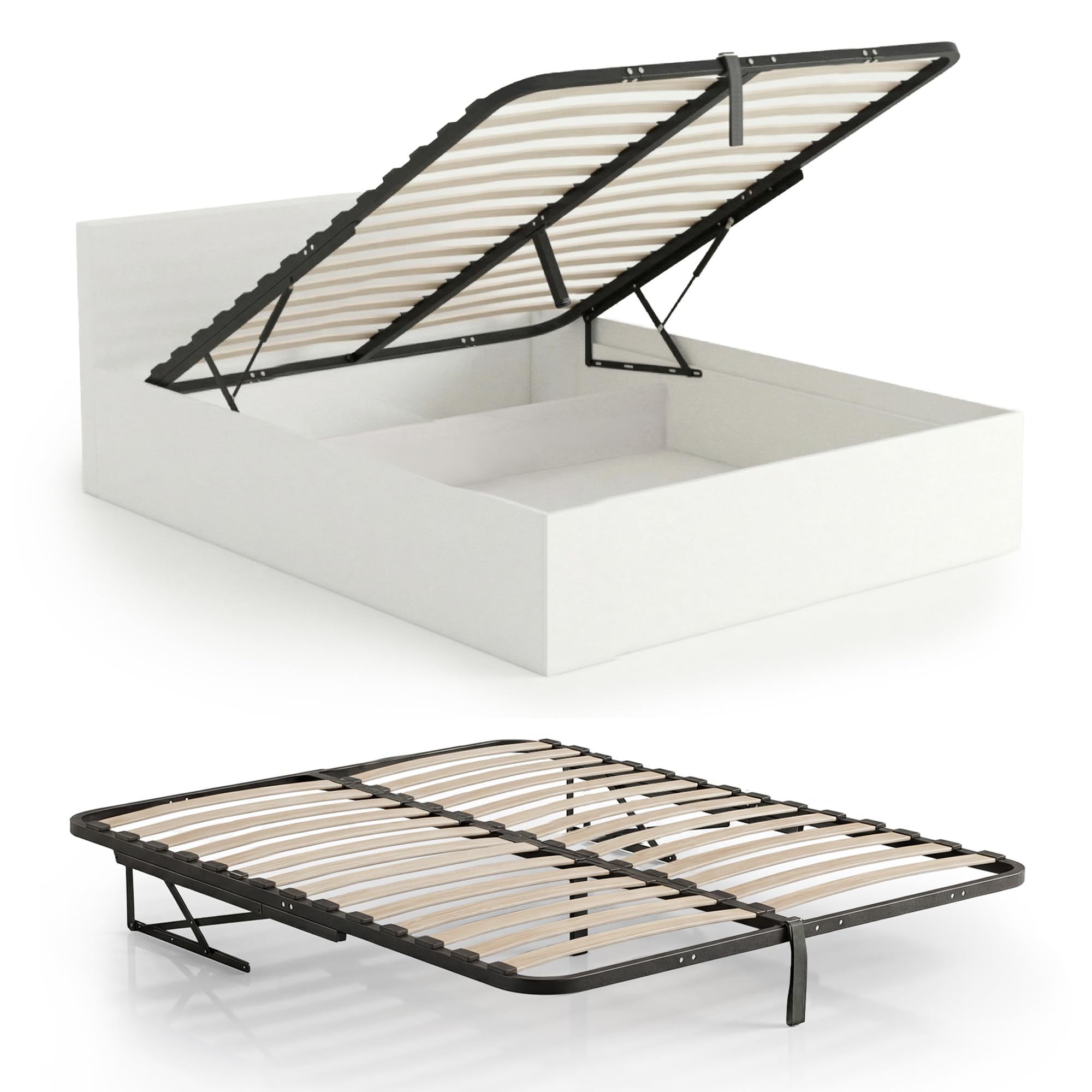 AKORD Metall-Lattenrost 140x200 cm mit Gasdruckfeder Hebemechanismus, 28 Holz-Leisten, Geteilter Bettrahmen bis 200kg belastbar, Schwarz
