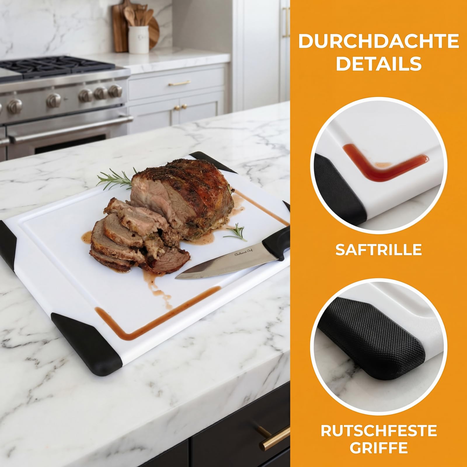 Weißes Kunststoff-Schneidebrett, Spülmaschinengeeignet & Porenfrei – Hygienisches Küchenbrett für Fleisch, Gemüse & Obst, Langlebig & Schnittfest