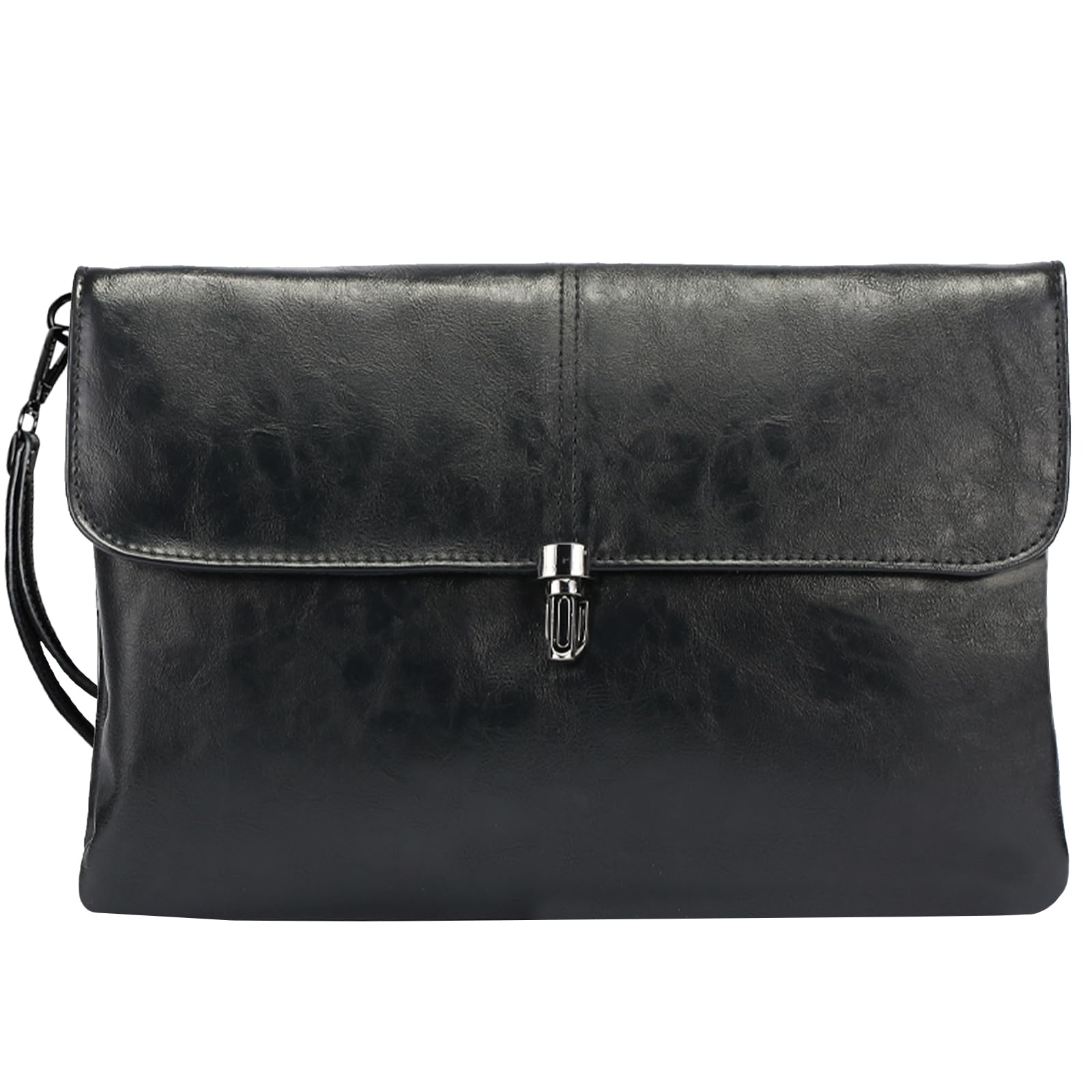 OgetokMens Clutch Bag Black Leather Wristlet Wallets for Women Men, Handbag Purse with Wrist Strap, 10 inch Large Hand Bag, Small Travel Wristlet Business Briefcase Bag Phone Holder Purse