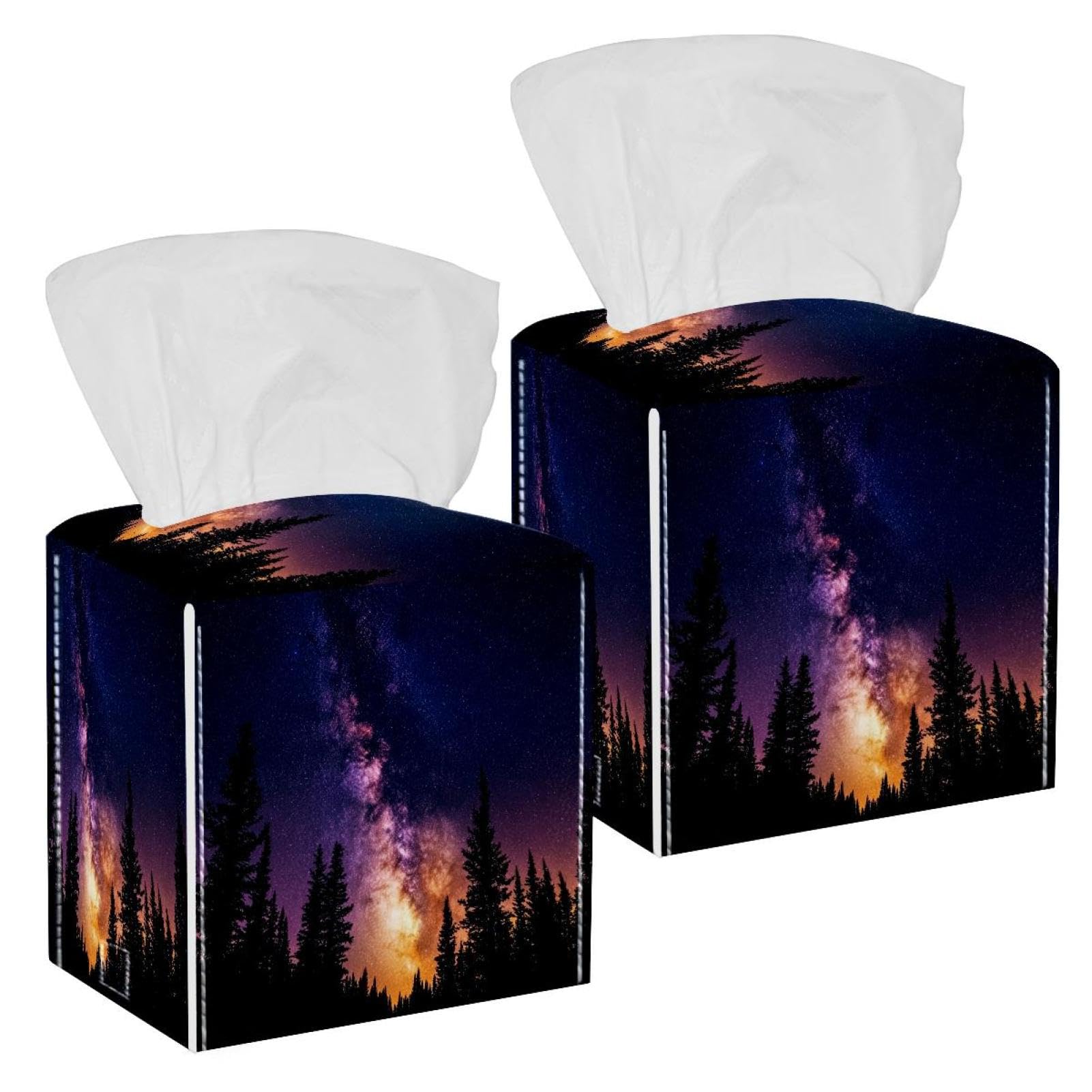 Starry Forest Tissue Box Cover, 2 Pack PU Leather Square Facial Tissue Dispenser Box holder for Home Office Car