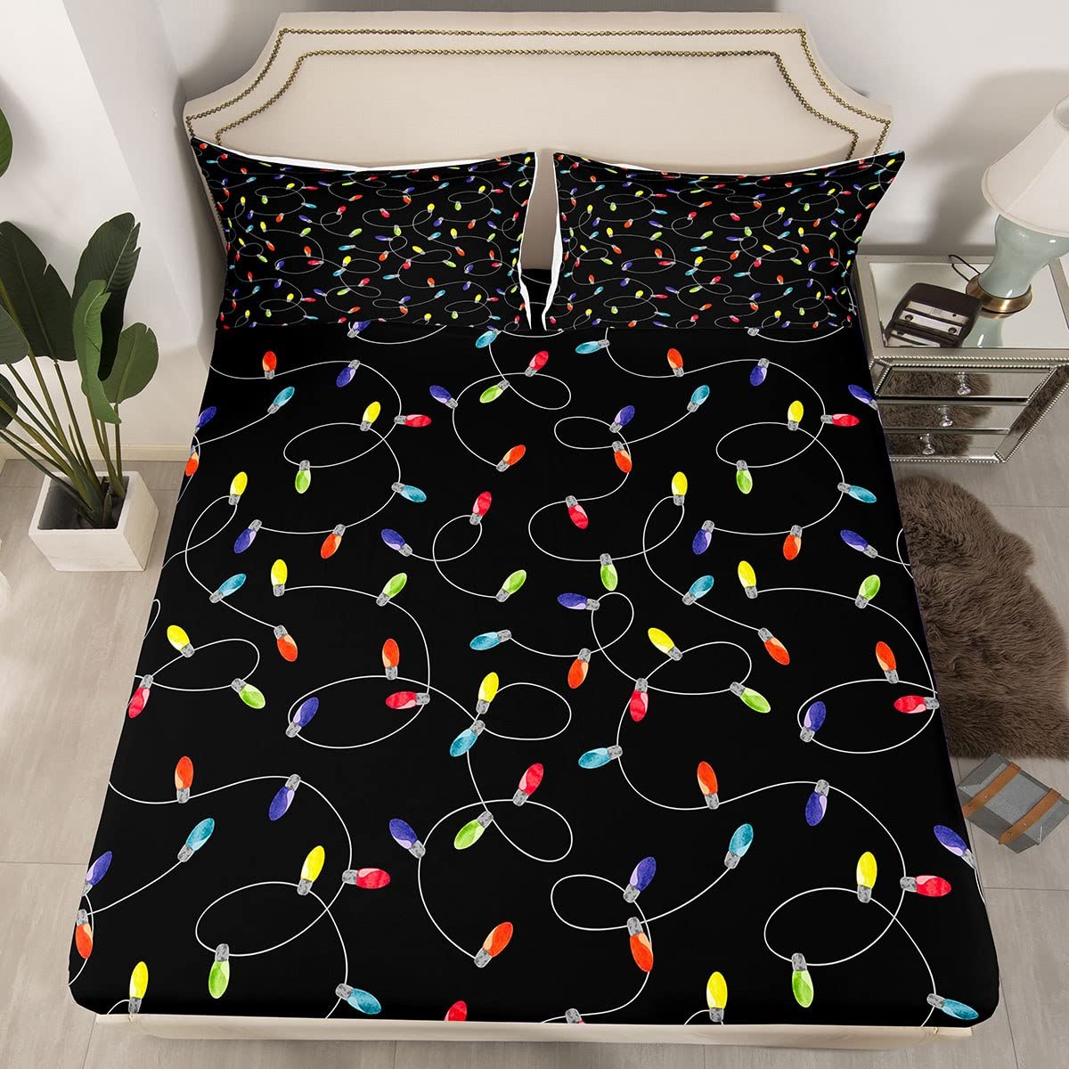 Erosebridal Christmas Lamp Bed Sheets Full Size Festival Rope Sheet Set Cartoon Hand Drawn Colorful Fantasy Fitted Sheet for Kids Boys Girls Teen Christmas Night Bedding Set Holiday Modern Room Decor