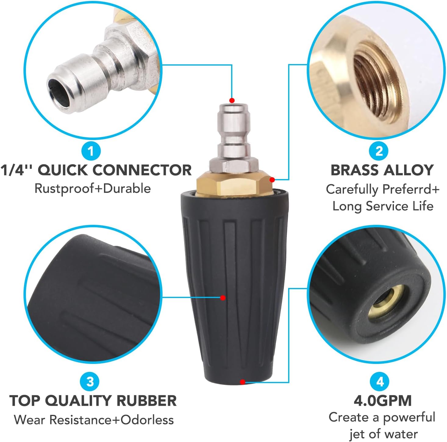 Pressure Washer Tips Turbo Nozzle 4000 PSI 360° Rotating Spray Turbo with 1/4” Quick Connector and 4500 PSI Pivoting Coupler,7 Spray Nozzles Tips Kit Multiple Degrees