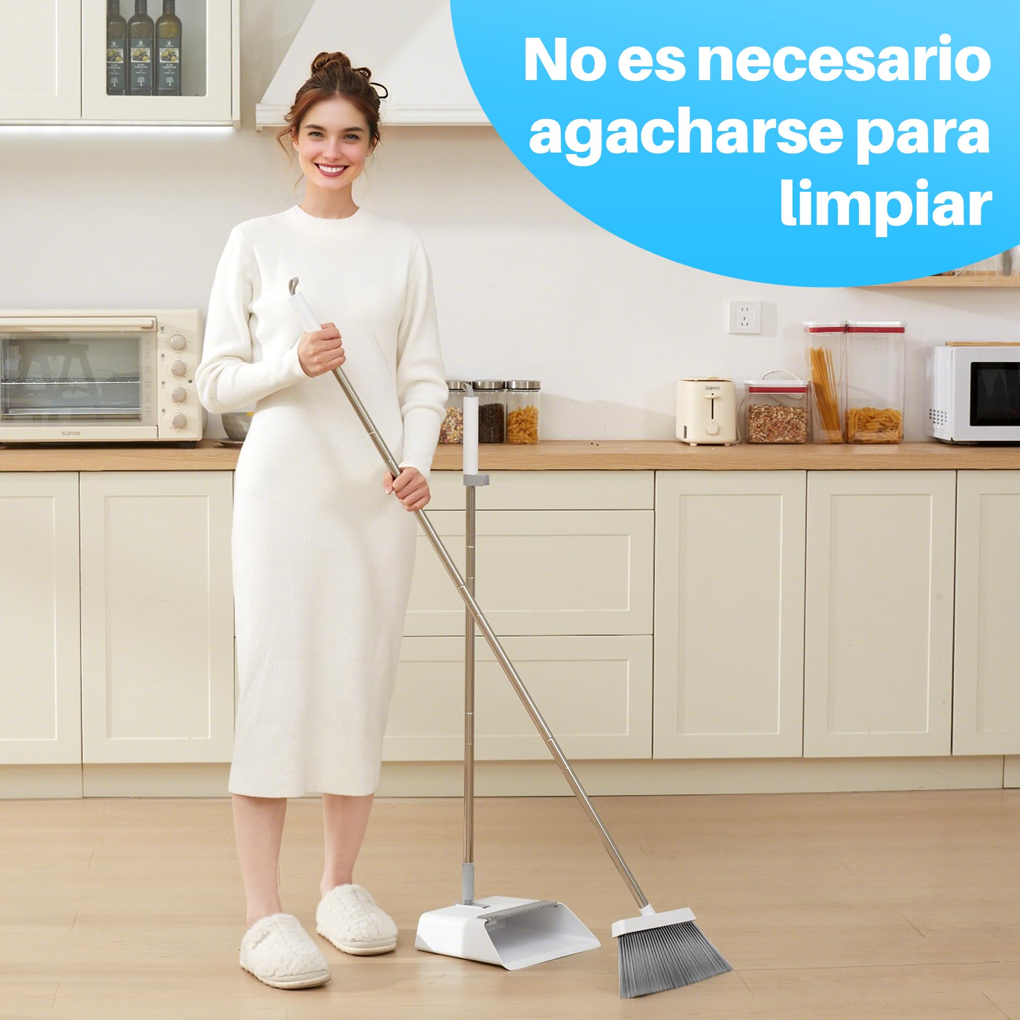 JOYMOOP Set Escoba y recogedor, recogedor y Cepillo con Mango Largo, Escoba sin Necesidad de agacharse para Uso Interior y Exterior, Blanco y Gris