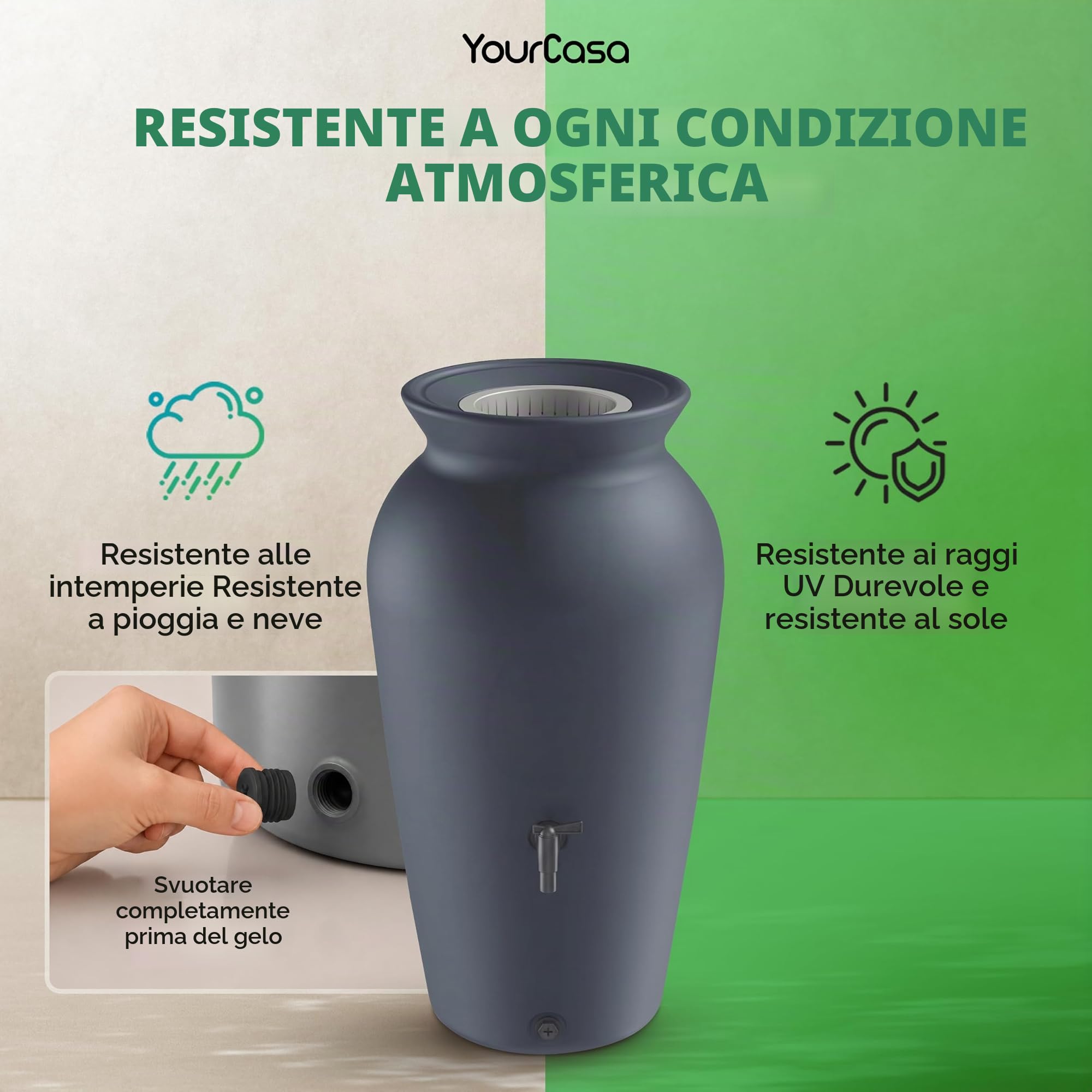 YourCasa Serbatoio Acqua Piovana 120 L, con Rubinetto e Filtro | Raccoglitore acqua piovana decorativo a forma di anfora, in plastica riciclata resistente UV, per giardino e terrazza