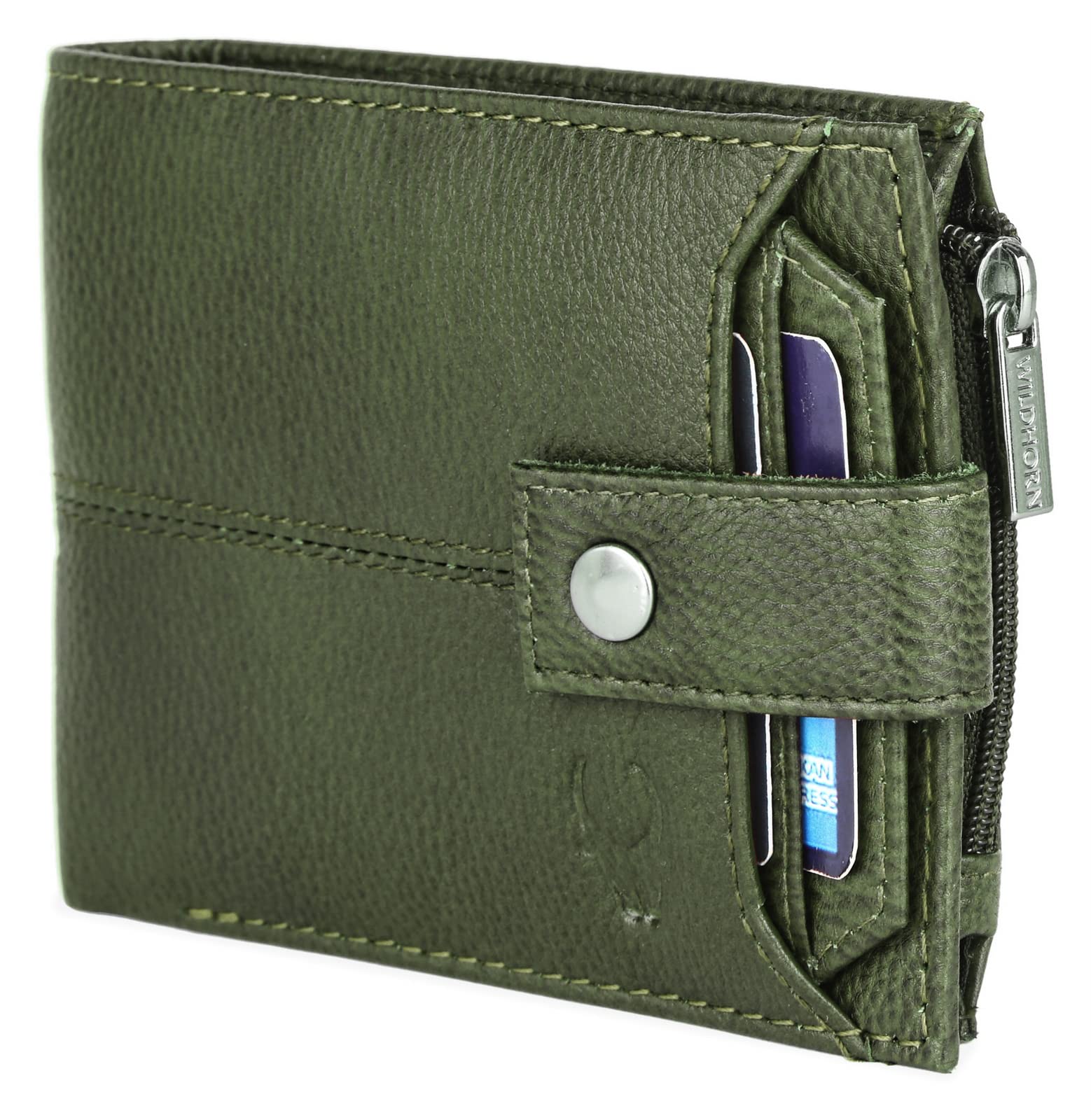WildHorn Leather Wallet for Men | Ultra Strong Stitching | Handcrafted | Zip Wallet with 9 Card Slots | 2 ID Slots (Green)