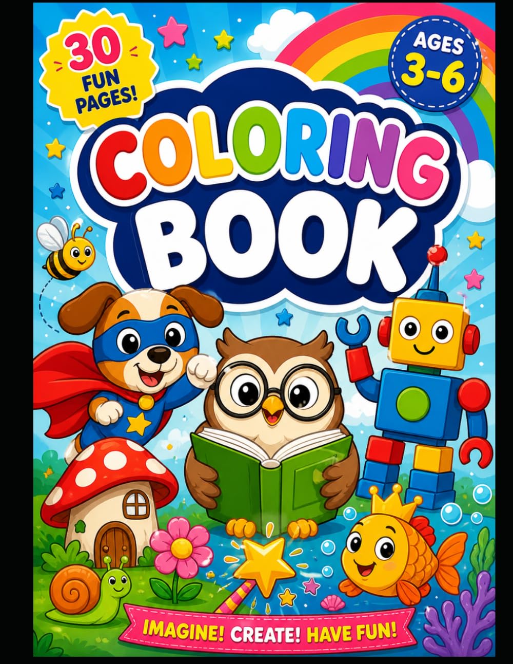 Coloring Book: 30 Fun Pages | Cute Animals and Fantasy Scenes | Ages 3-6