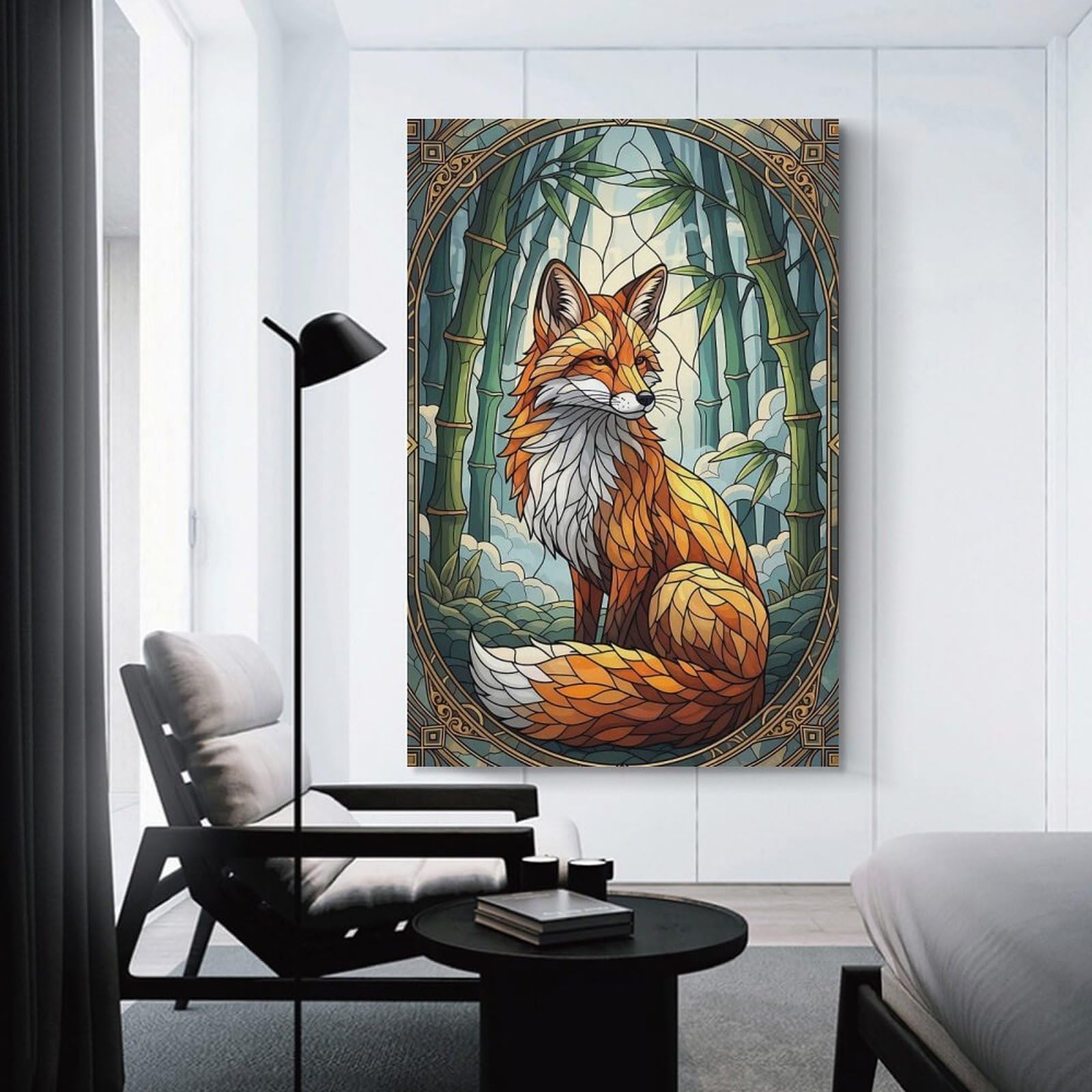 Junmoney Fox in Bamboo Forest Stained Glass Hanging Wall Art, 24x36inch(60x90cm), for Gallery Wall Decor And Room Displays, Home Wall Art for Statement Displays