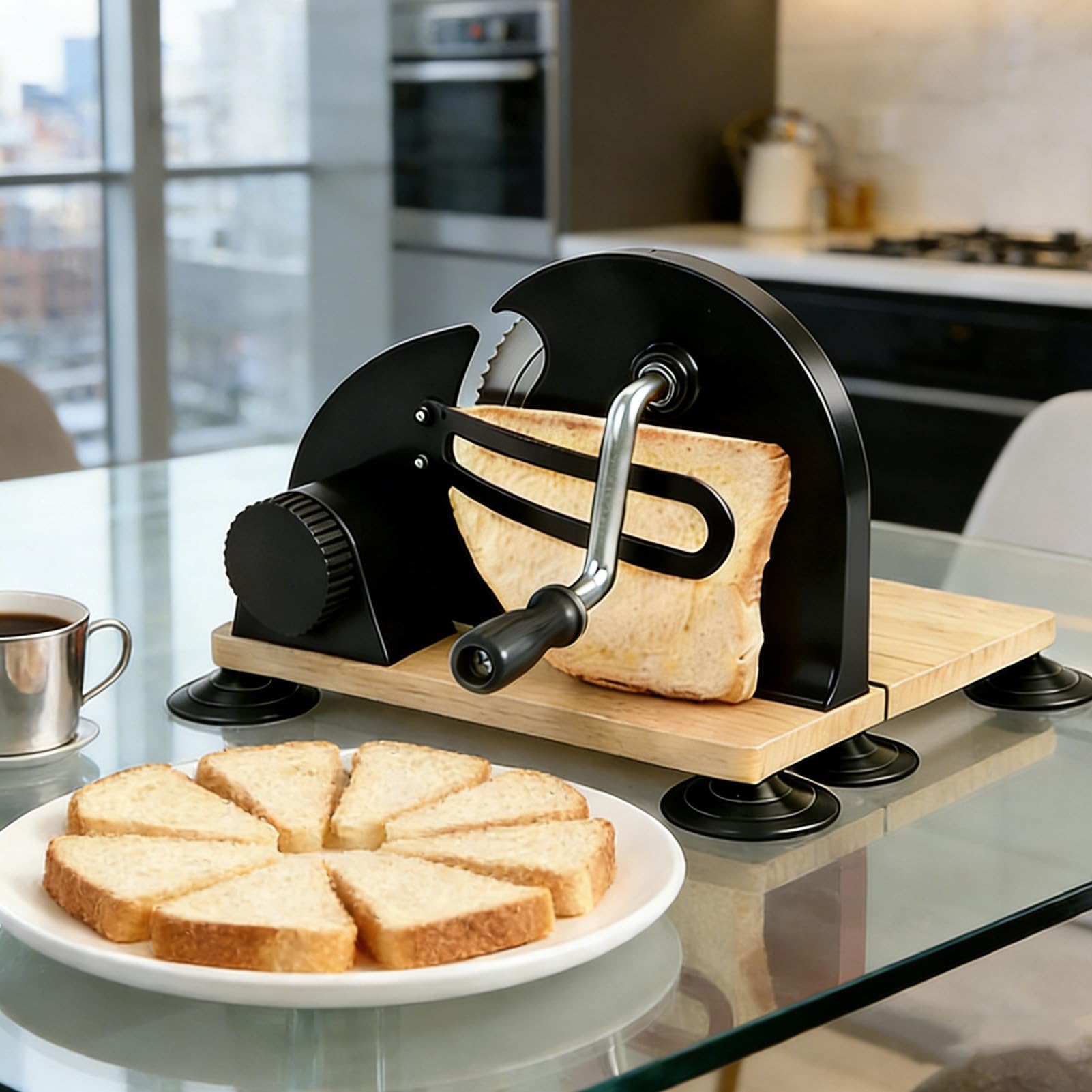 Cryfokt Cortador de Pan Manual, Cortador de Espesor Ajustable de Acero Inoxidable con Hoja Dentada para Tostadas de Sándwich de Masa Fermentada Casera, Herramienta de Cocina Compacta con (BLACK)