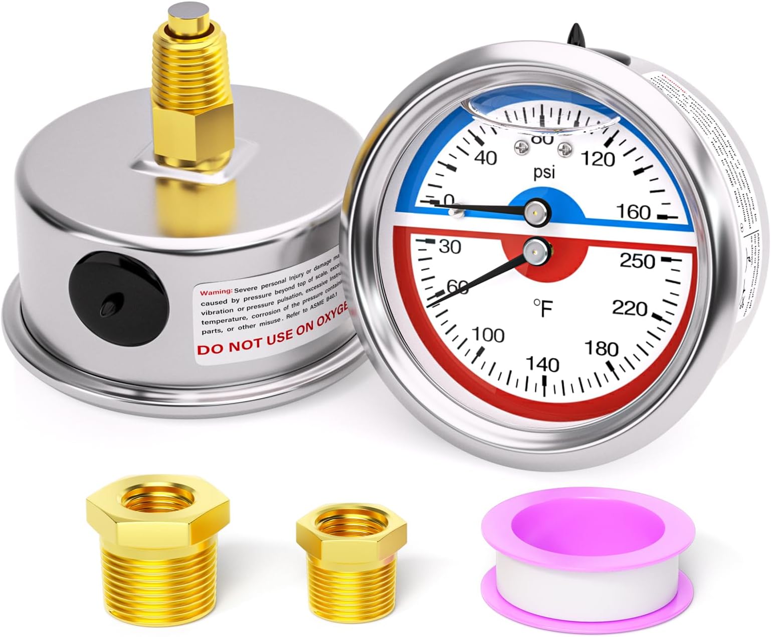 0-160Psi Stainless Steel Thermal Pressure Gauge 30-250โ 1/4" NPT 2.5" FACE DIAL Liquid Filled Pressure Gauge, with 1/2" NPT and 3/8" NPT Hex Bushing, Back Mount