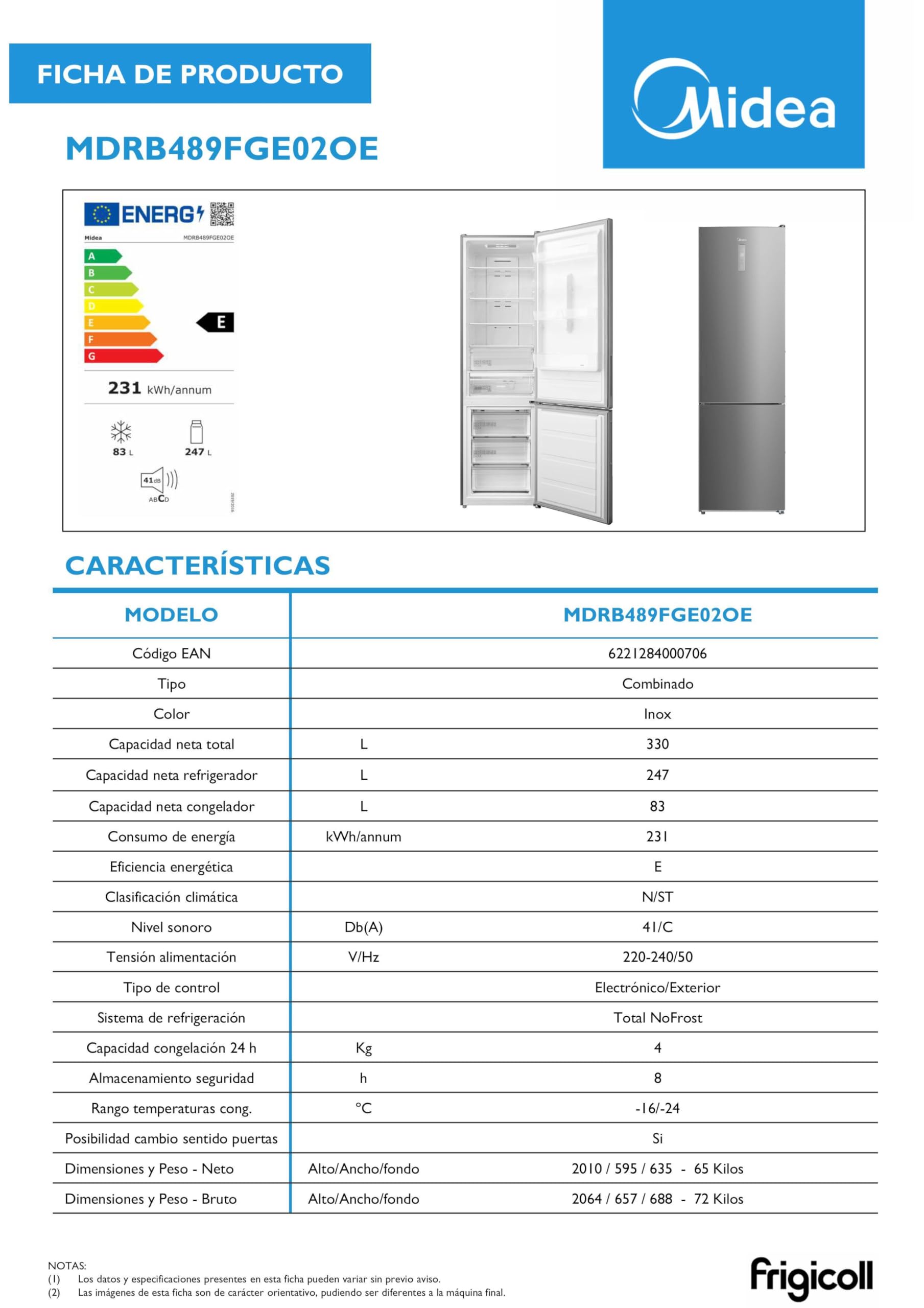 Midea Frigorífico Combi No Frost | 59,5 cm ancho x 201 alto cm | Inox | Nevera libre instalación 247 L + 83 L Congelador - Refrigerador de bajo consumo con congelador vertical