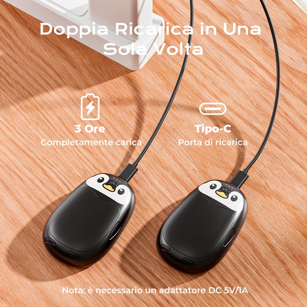 Scaldamani Elettrico, Pinguino Scaldamani Carino 2 Pack, Ricaricabile e Riutilizzabile, Portatile, 23 Ore, Riscaldamento Rapido, Adatto per Esterno, Campeggio