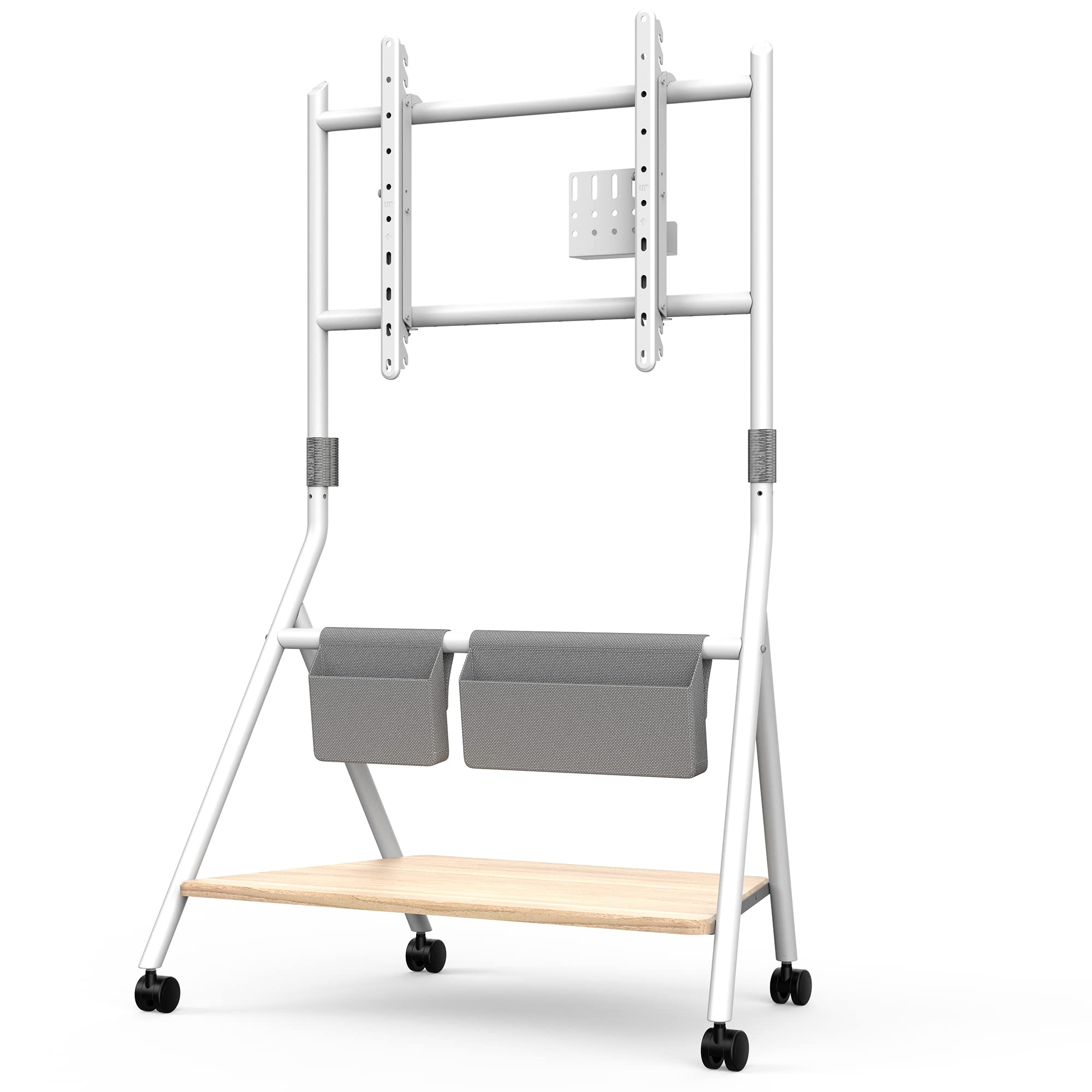 FITUEYES Supporto TV da Pavimento per Schermi 55 60 65 75 78 Pollici con Ruote, Carrello Moderno Mobile TV ad Angolo con Ripiani in Legno, Serie COLLECTOR