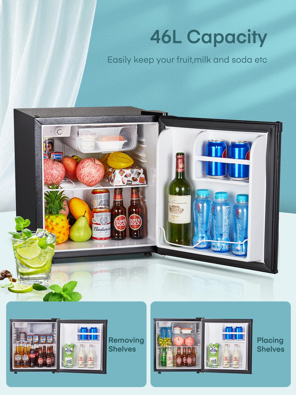 FOHERE Mini Kühlschrank 46L, Kühlschrank klein mit 7-Stufen Thermostat, umkehrbarer Tür, Ultra-Leise, Energieeffizienter Kompaktkühlschrank für Schlafzimmer, Büro, Wohnheim, Edelstahl