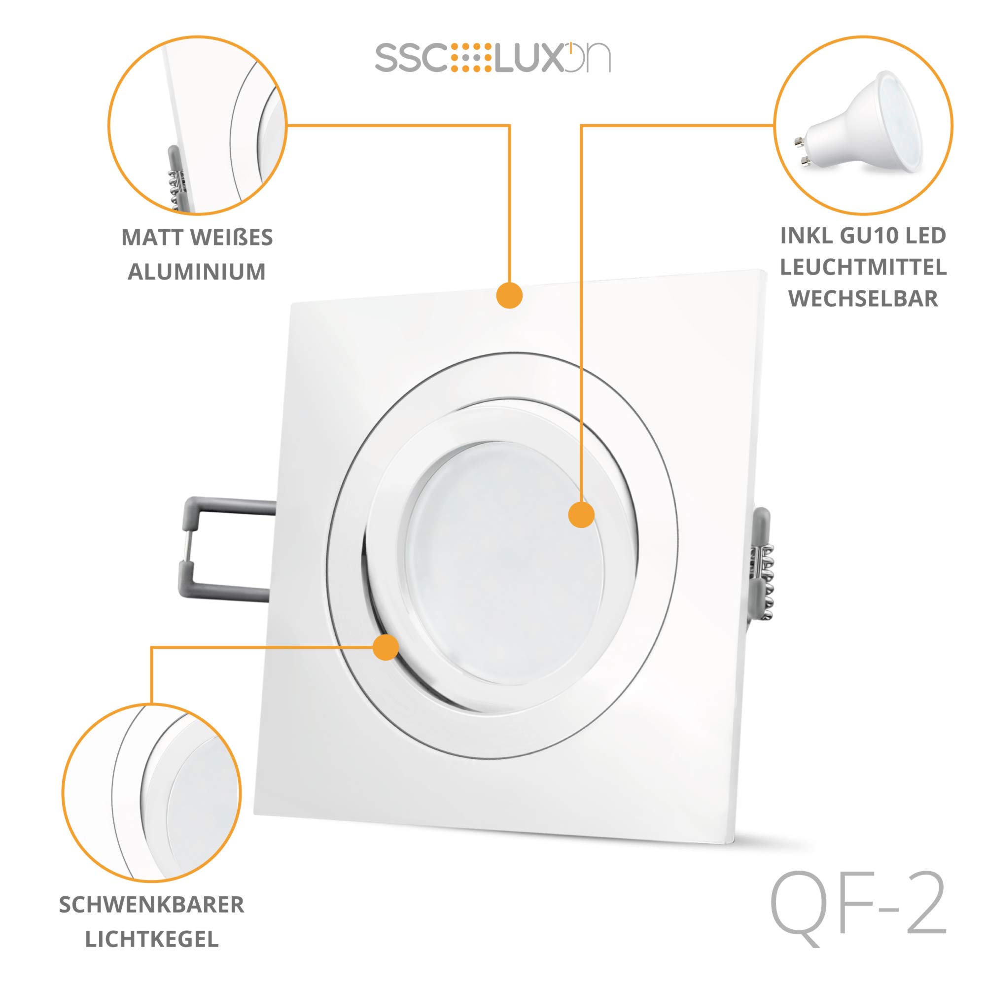 Juego de 6 focos LED empotrables QF-2 en forma cuadrada y orientable, incluye LED Milky GU10, 5 W, 230 V, blanco cálido, foco empotrable mate blanco