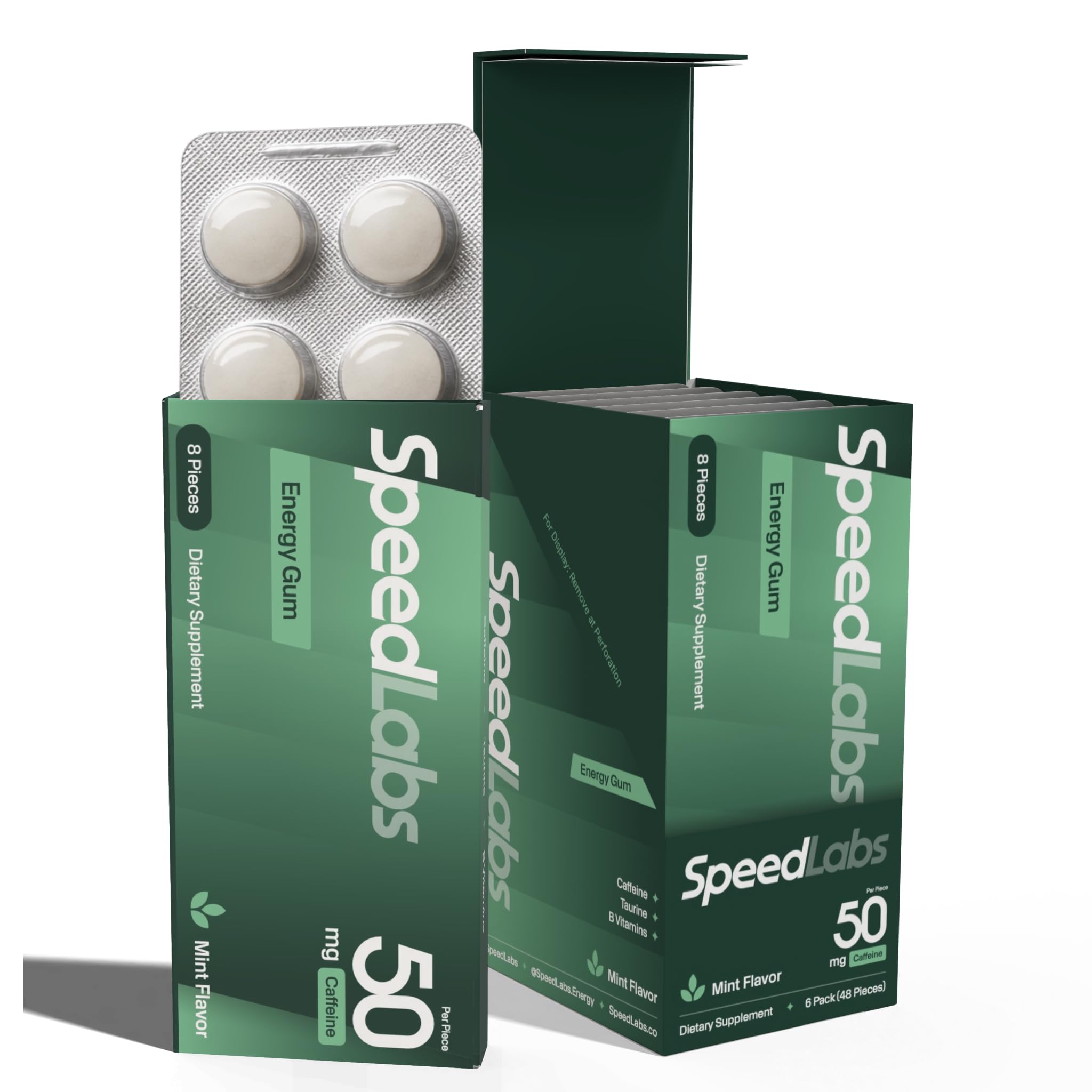Speed Labs Goma de cafeína com vitaminas B e taurina, 50 mg, sabor Mint Extra Strength, 48 unidades