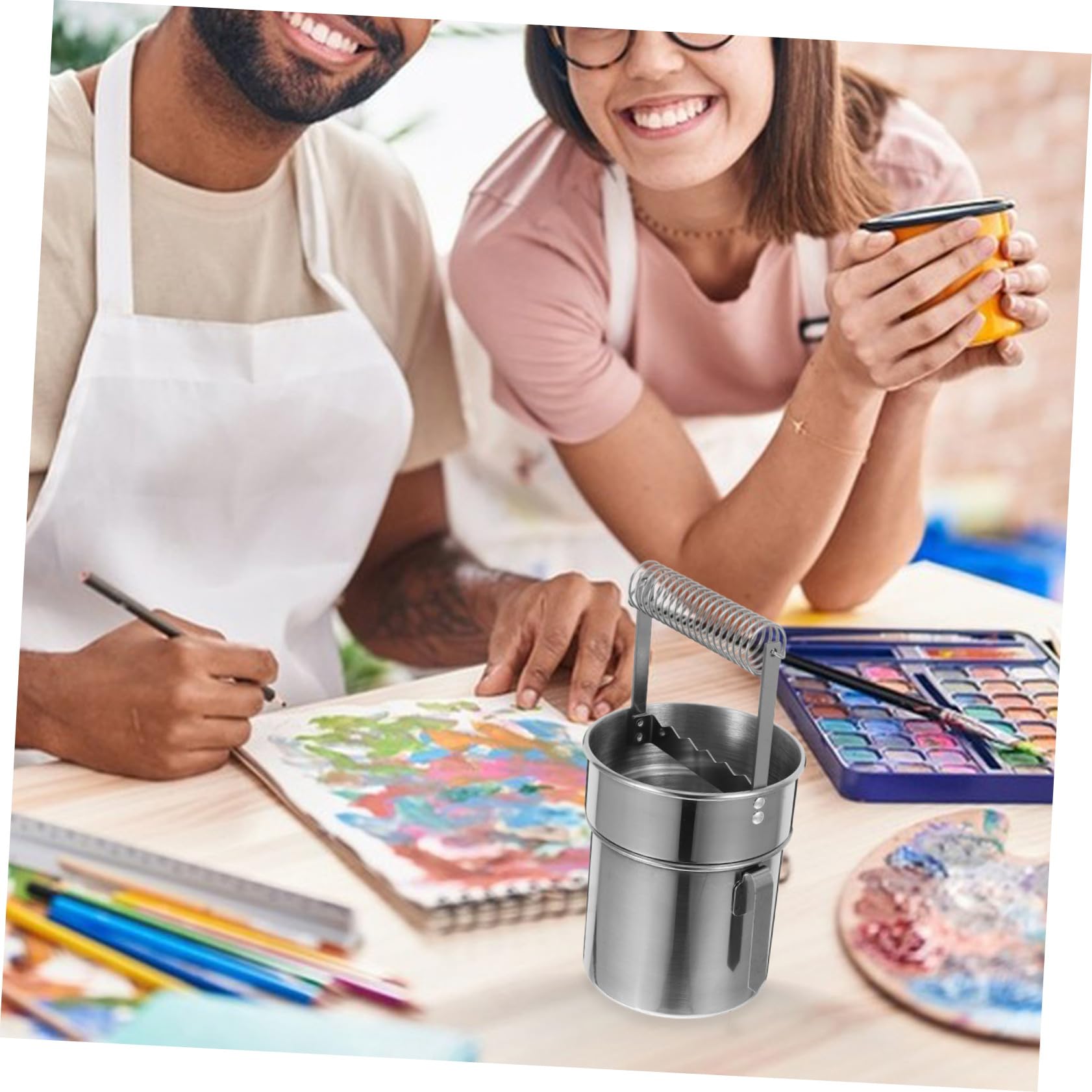 Hohopeti Secchio e Clip Interna per Pennelli Doppio Strato per Lavaggio Pennelli Grande capacità in Acciaio Inossidabile Manico Portatile per Pittura ad Olio