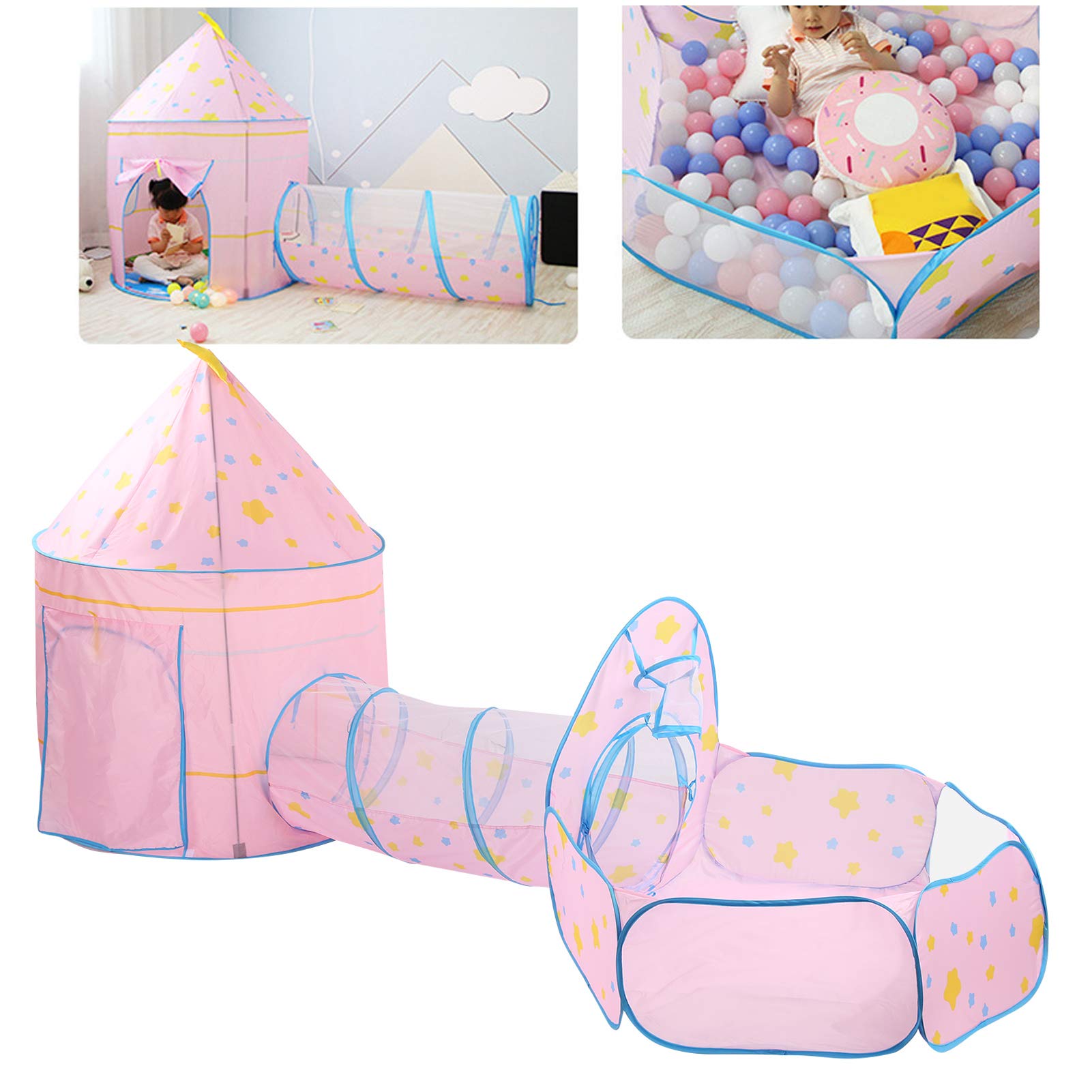 Babyzelt-Spieltunnel-Set für Indoor-Abenteuer, 3-teiliger -Krabbeltunnel mit Bällebad für über 3 Jahre, Sicheres 190T-Polyester-Material (Rosa Stück)