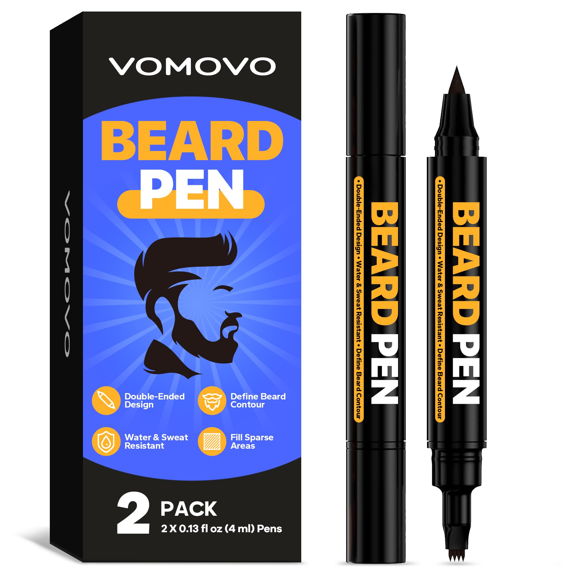 Beard Pen Filler for Men (Black, 2 Pack), Barber Styling Grooming Pencil, Waterproof & Sweat Proof, Cover Beard & Facial Hair in Seconds, Long Lasting Solution with Natural Finish