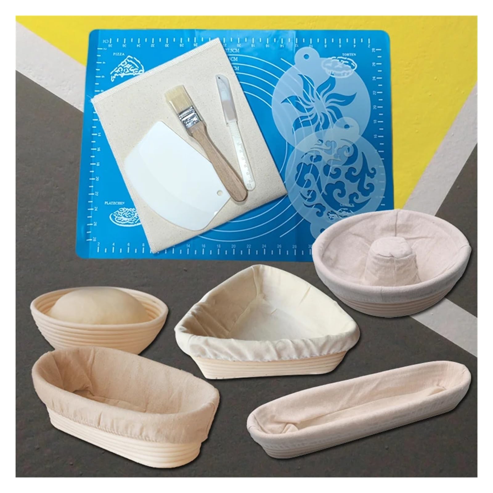 Banetones Para Pan Cesta de ratán con funda de lino, 7 piezas de herramientas y 1 juego de cestas, cesta for leudar pan, herramientas for hornear masa madre Para Banneton(Round XL Set A)