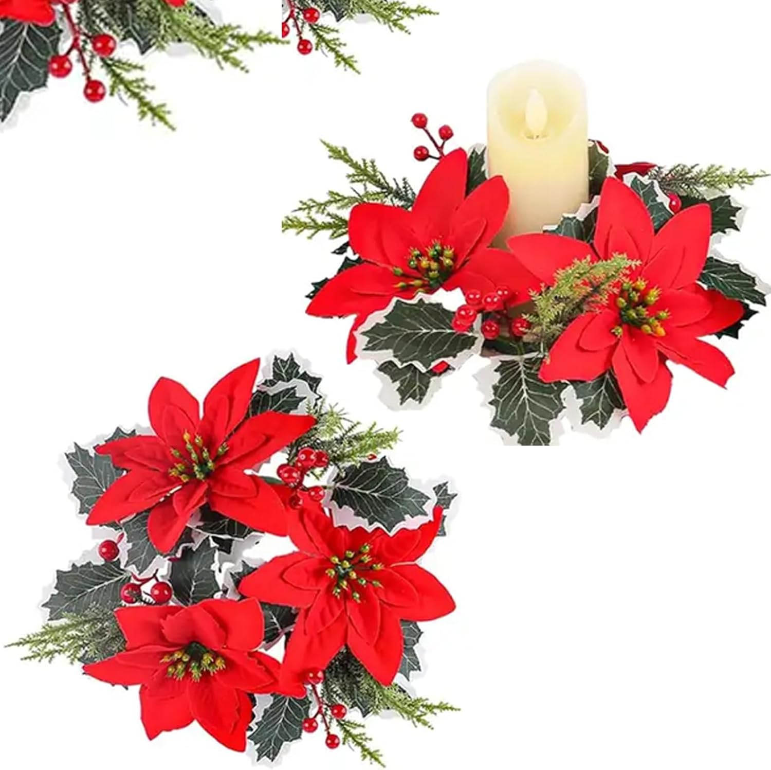 christmas candle rings holder artificial poinsettia flower red berry pinecones, xmas wreath candle holder table centerpiece pillars 9 inch for party wedding dinner holiday christmas décor
