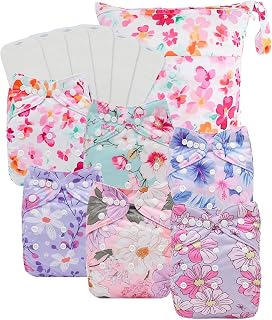 Babygoal Baby Cloth Diaper 6 Pack with 6pcs Inserts and Wet Bag for Fitted Diapers and Prefolds, Adjustable and Reusable Covers for Toddler Boys and Girls
