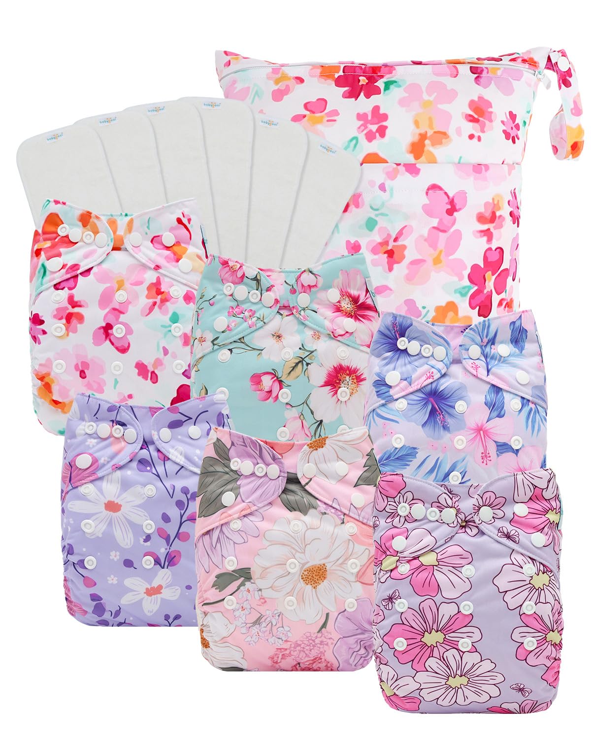 Babygoal Baby Cloth Diaper 6 Pack with 6pcs Inserts and Wet Bag for Fitted Diapers and Prefolds, Adjustable and Reusable Covers for Toddler Boys and Girls