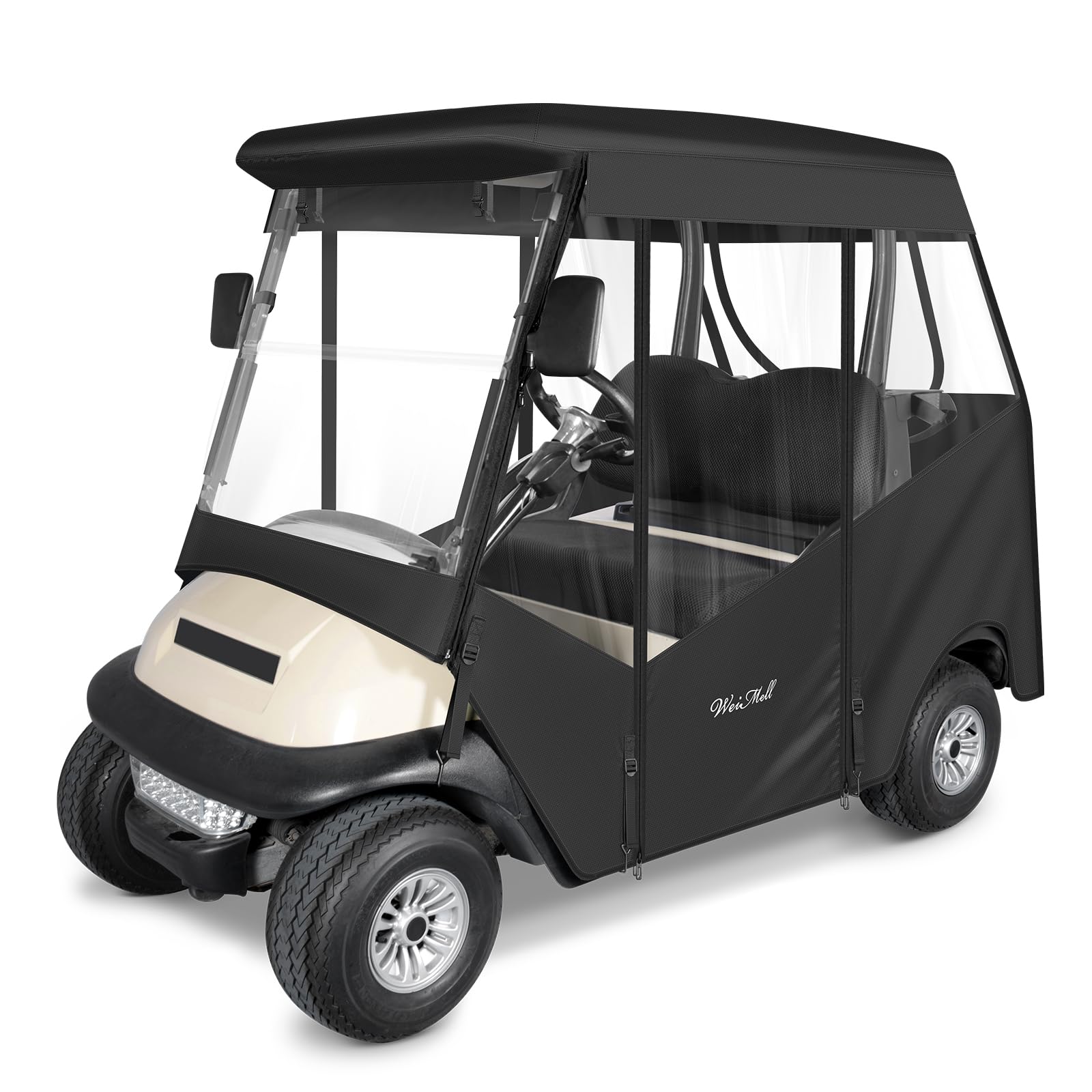 WEIMELL Golf Cart Enclosure 2 Passenger for EXCAR 2-Seater 59" Roof 600D 4-Sided Clear Windows Roll-up Door Black Waterproof Windproof Driving Rain Cover
