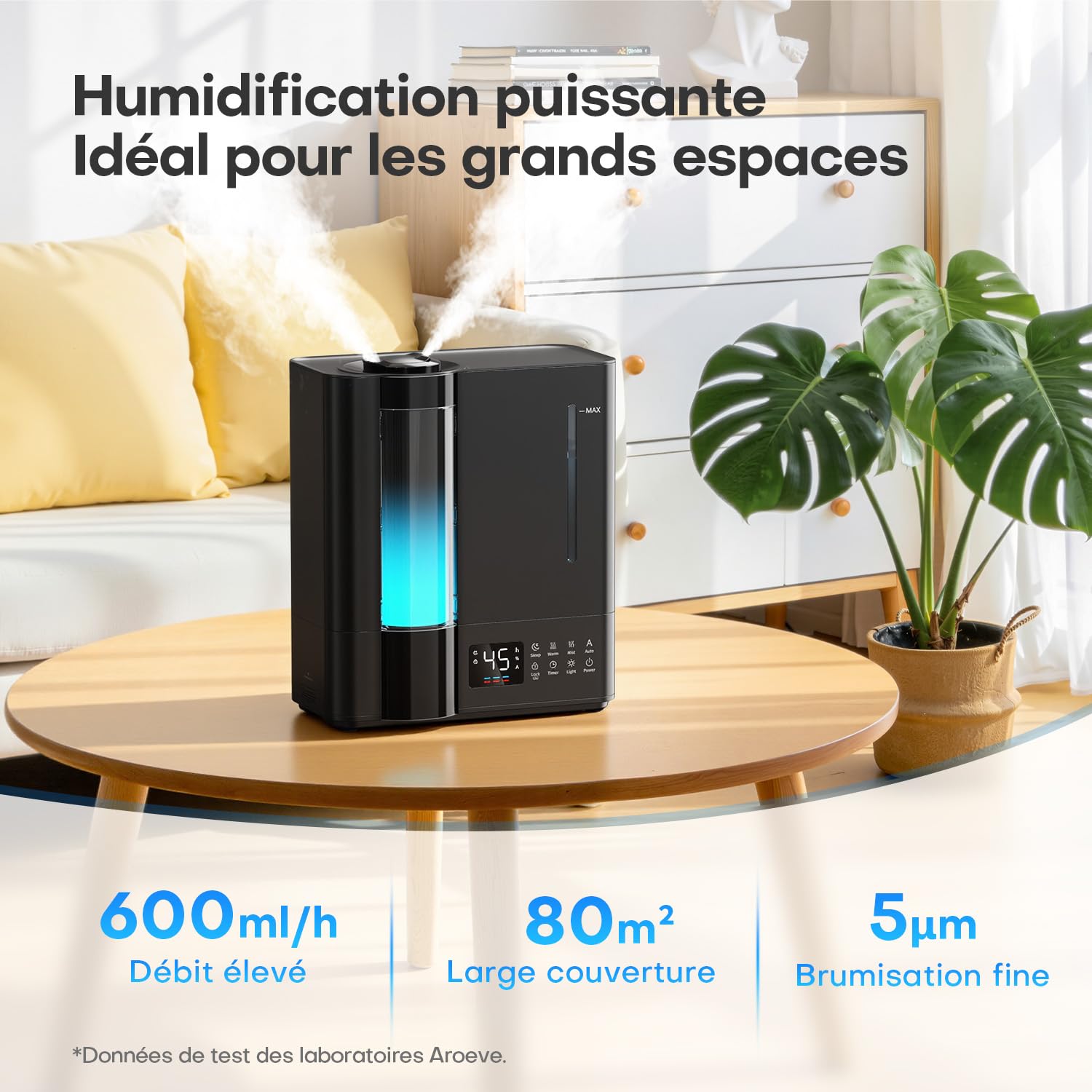 AROEVE 8L Humidificateur d'Air Chambre, Nebbia Chaude & Froide Grande Pièce, Remplissage Supérieur, Diffuseur Arômes, Capteur Humidité, 60H/25dB Silencieux pour Bébé Enfants Plantes