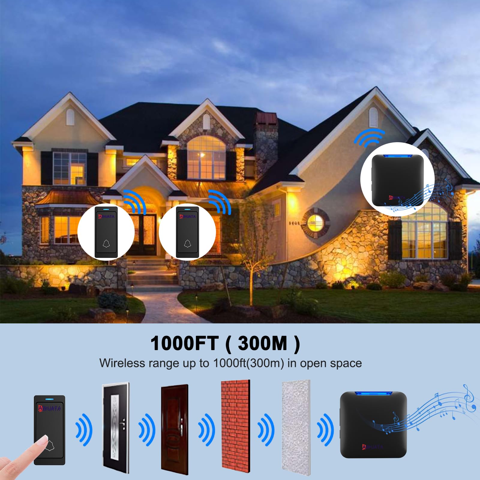 ABHJATA Door Bell, 1000ft/300m Long Range Wireless Doorbell for Home, IP55 Waterproof Push Button, 2 Push Buttons & 1 Plug-in Receiver (Indian Plug), 32 Chimes, 5-Level Volume, LED Indicator, Black 3